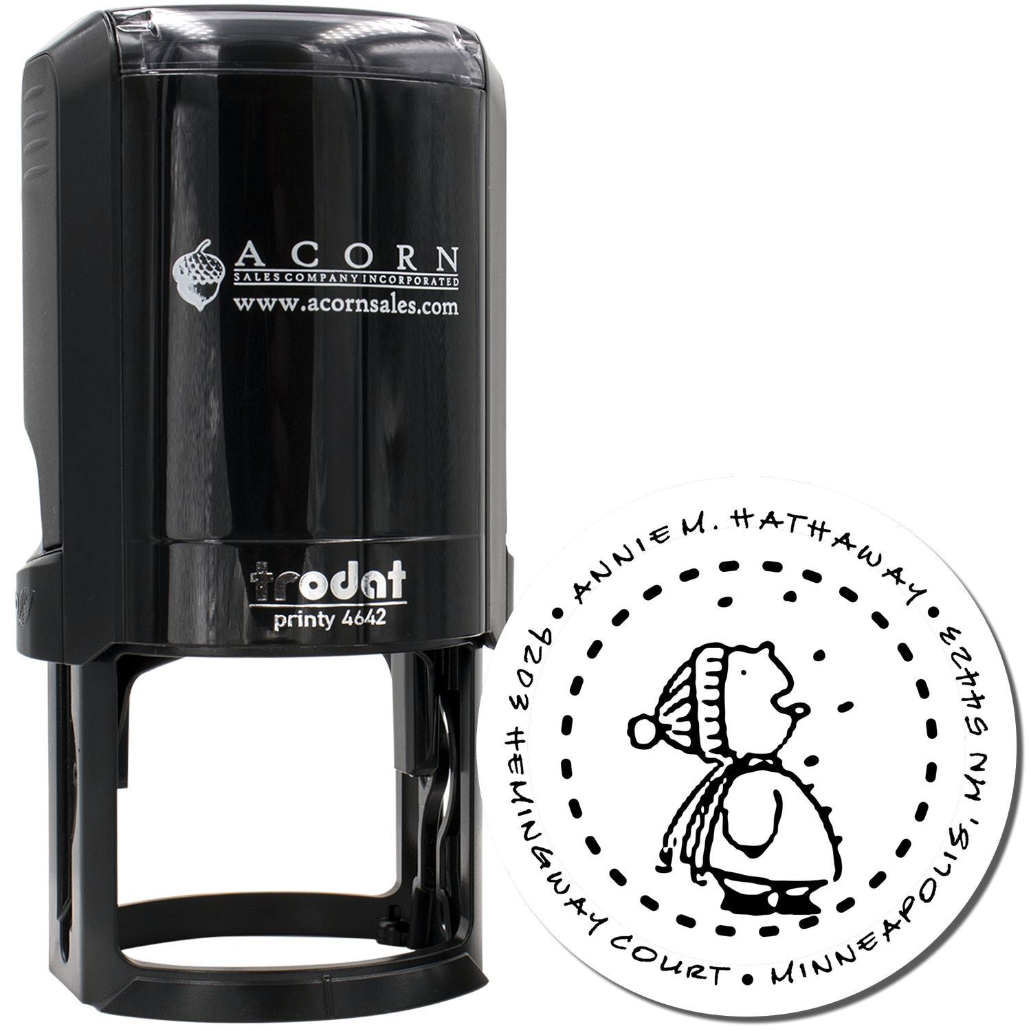 Custom self-inking rubber stamp with personalized circular return address design for mailing envelopes and business correspondence.