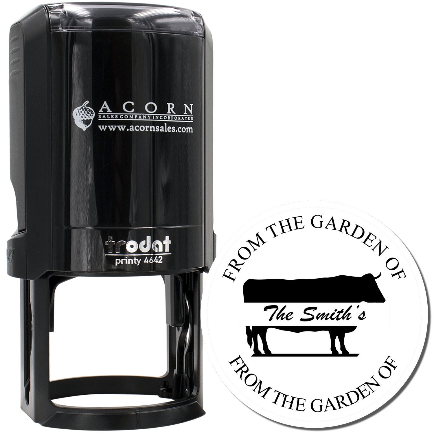 Custom self-inking rubber stamp with round From the Garden of The Smiths design for personalized farm and garden labels.