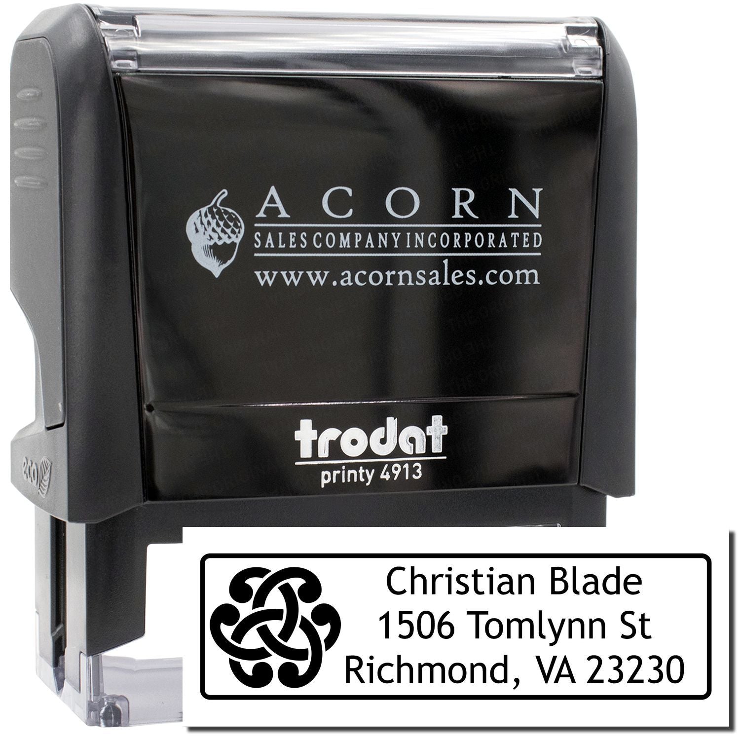 Custom self-inking rubber stamp for return addresses, Trodat Printy 4913, featuring Christian Blade, Richmond, VA.