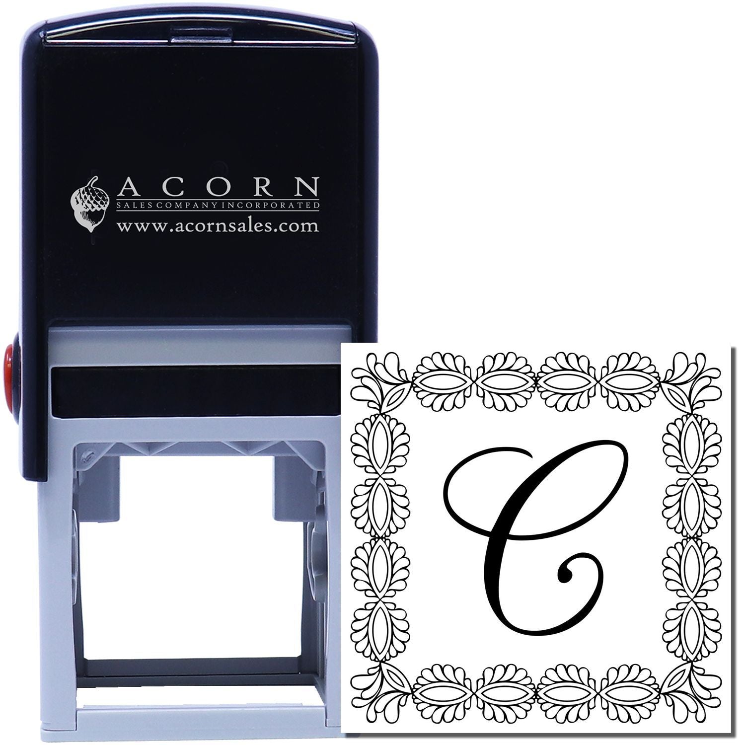 Custom self-inking rubber stamp with decorative monogram C and floral border for personalized branding.