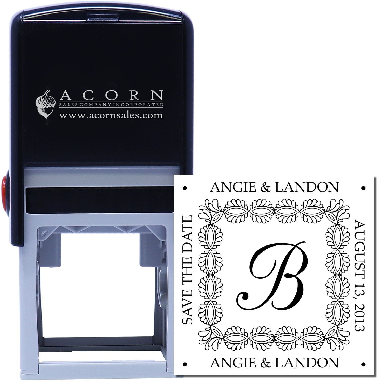 Custom self-inking rubber stamp for wedding invitations, featuring monogram, names and date for personalized envelopes.