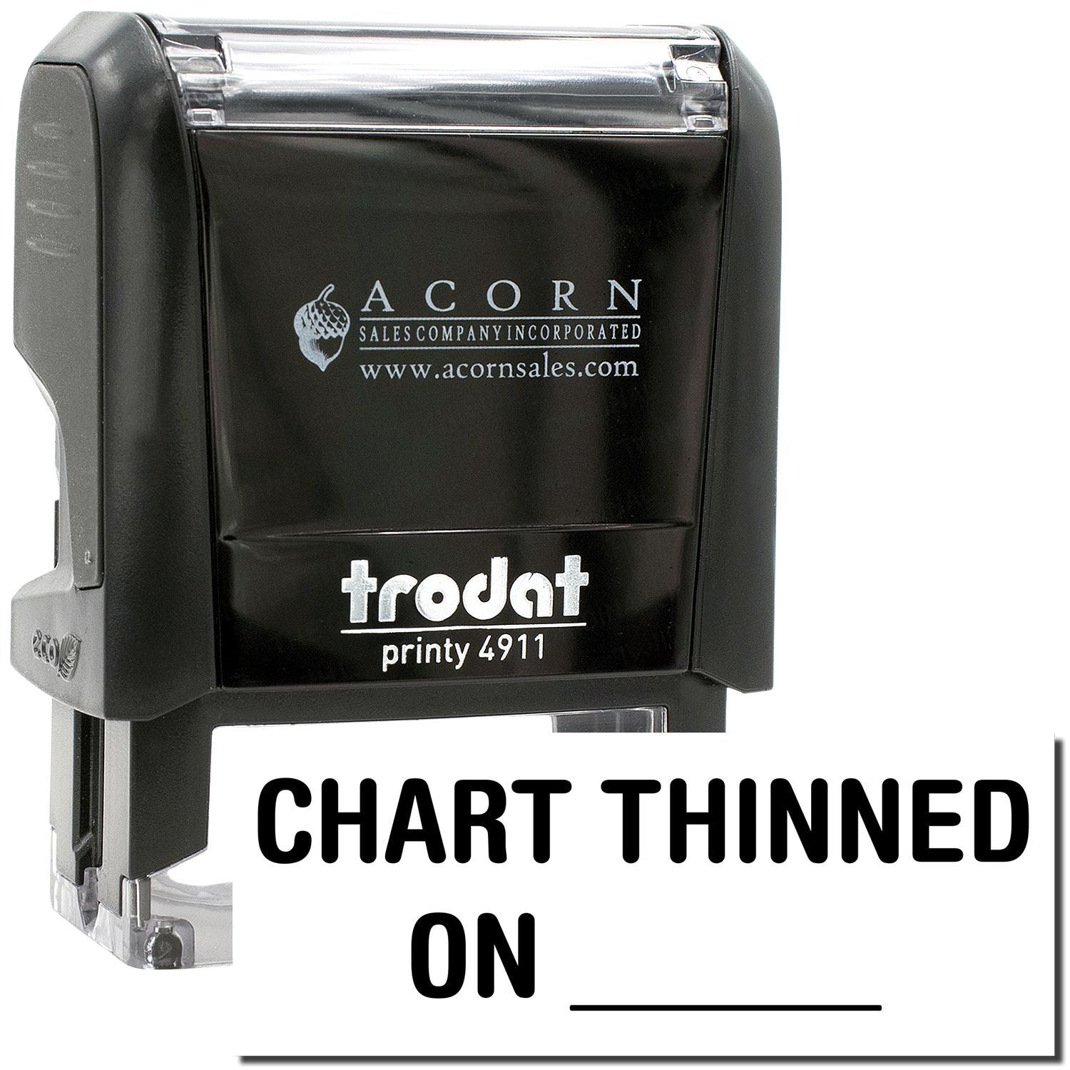 Trodat Printy 4911 self-inking stamp with Chart Thinned On text and Acorn Sales Company logo