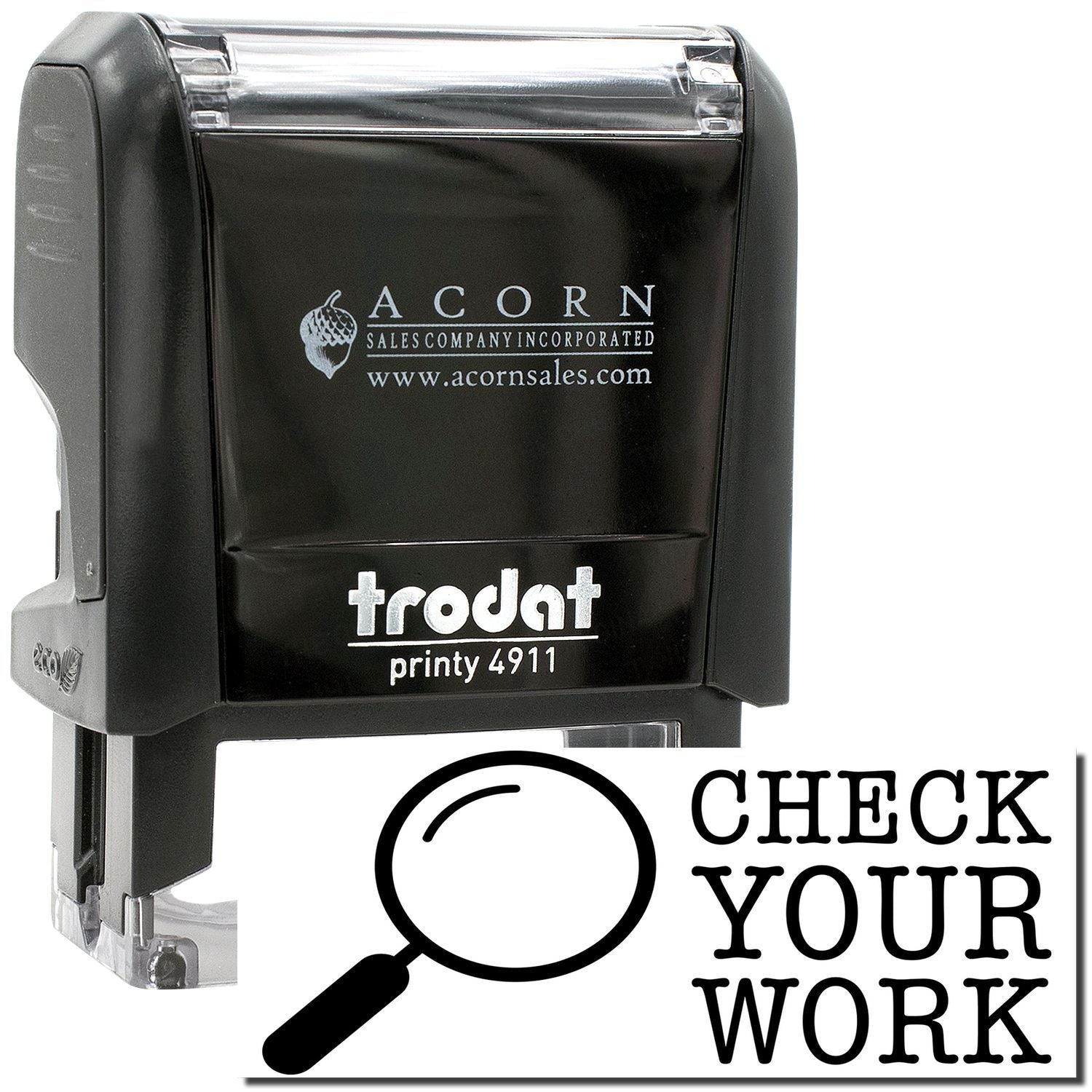 Trodat Printy 4911 self-inking rubber stamp with Check Your Work text and Acorn Sales branding