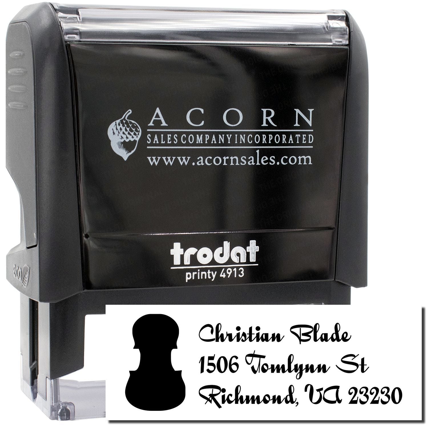 Custom self-inking business address rubber stamp with logo and sample imprint, Trodat Printy 4913.