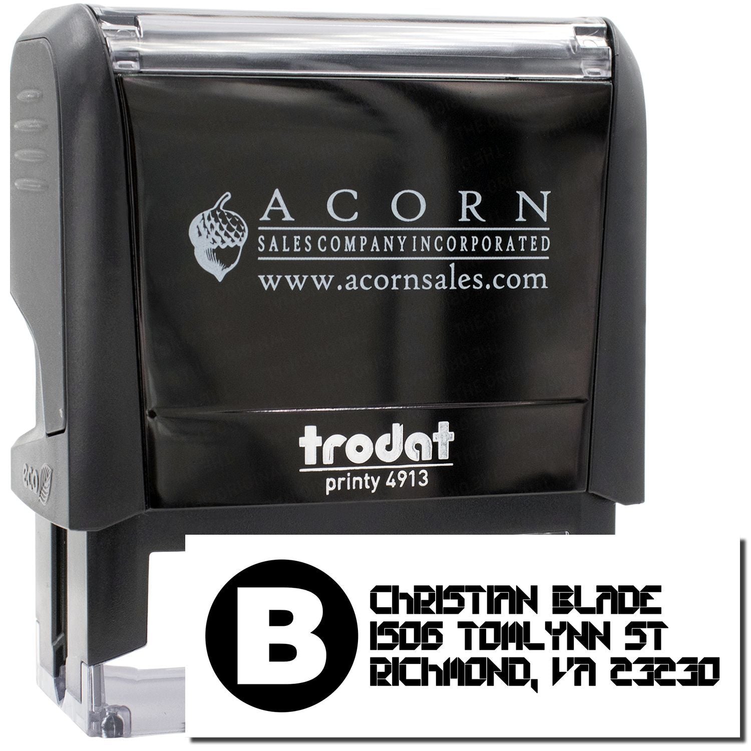 Custom self-inking rubber stamp with logo and business address, Trodat Printy 4913.