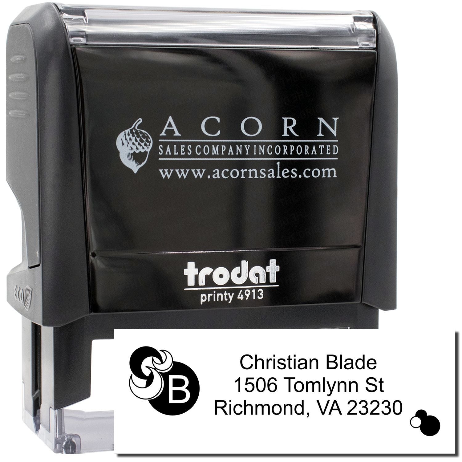 Trodat Printy 4913 custom self-inking return address rubber stamp with business name and address imprint