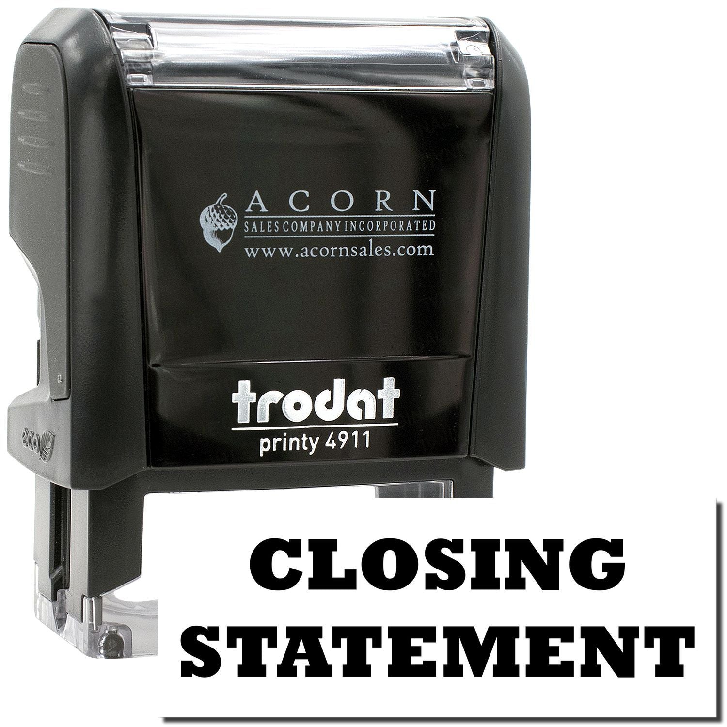 Trodat Printy 4911 closing statement stamp with Acorn Sales Company logo, black self-inking rubber stamp.