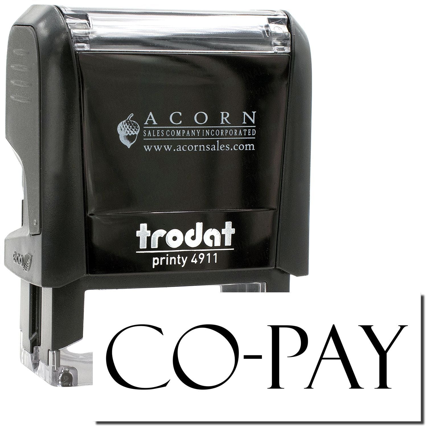 Black Trodat Printy 4911 self-inking CO-PAY stamp with Acorn Sales branding.
