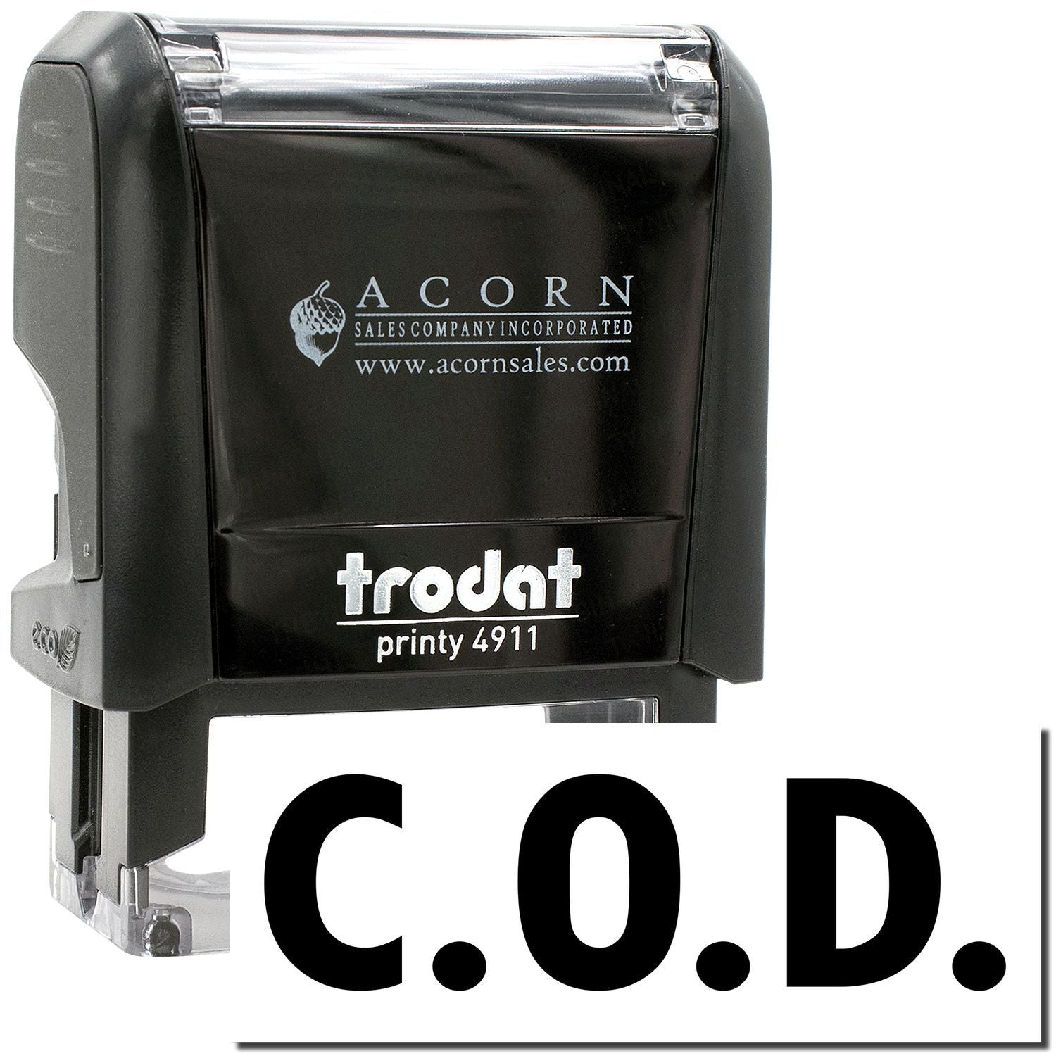 Trodat Printy 4911 C.O.D. self-inking date stamp with Acorn Sales branding