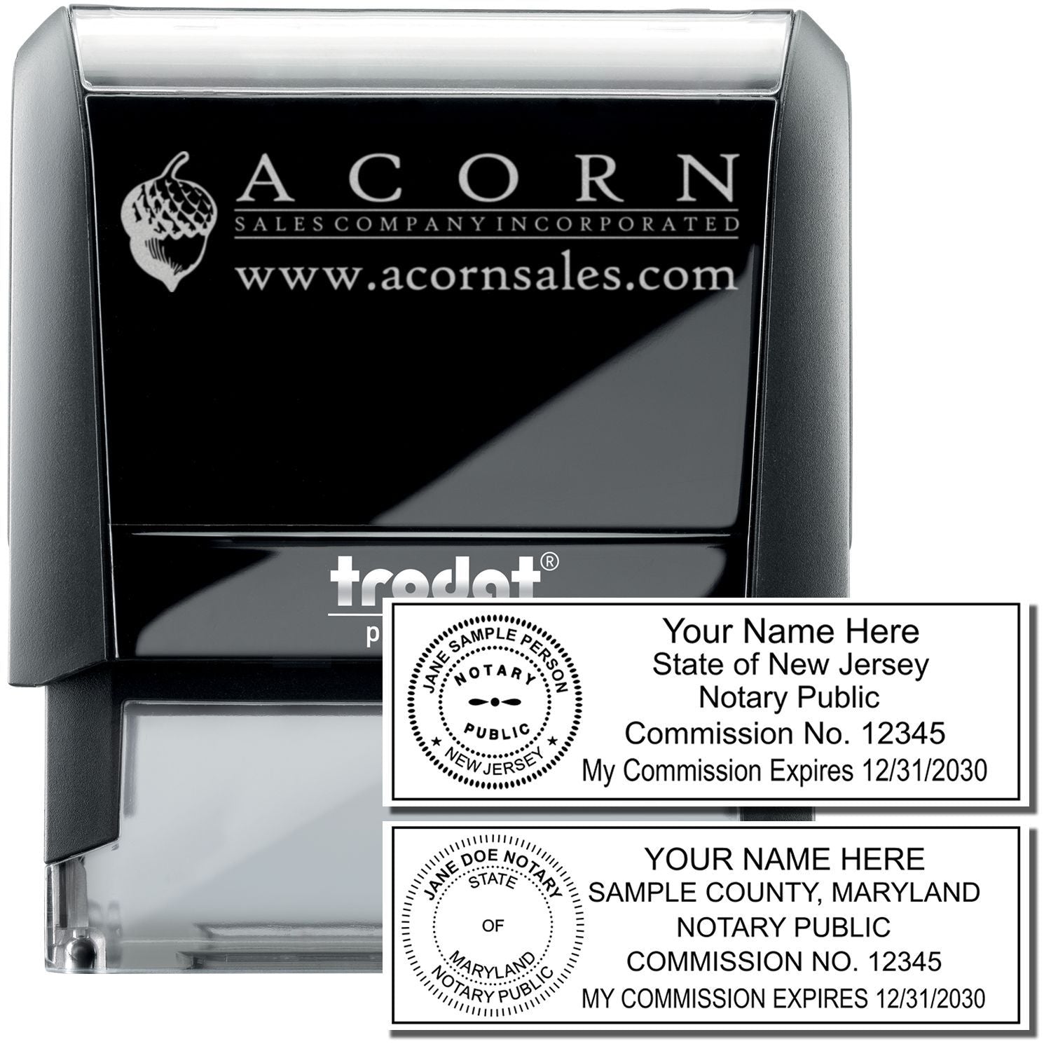 Custom self-inking notary public stamp by Trodat with New Jersey and Maryland sample seal impressions.