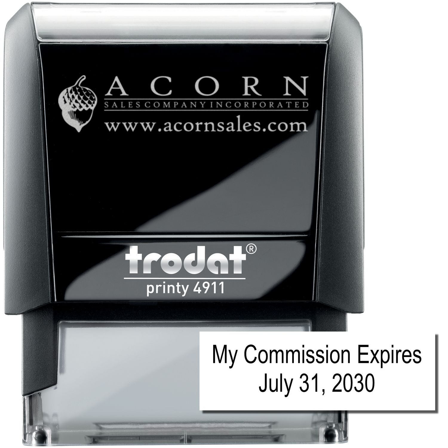 Trodat Printy 4911 self-inking custom stamp with Acorn Sales Company logo and commission expiration date July 31, 2030.