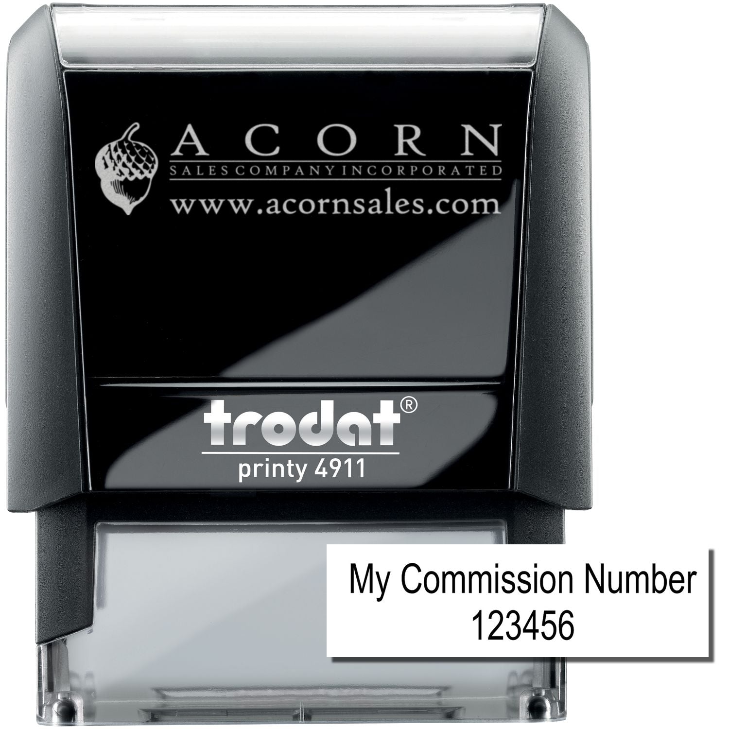 Custom Trodat Printy 4911 self-inking stamp with company logo and commission number 123456 for business use