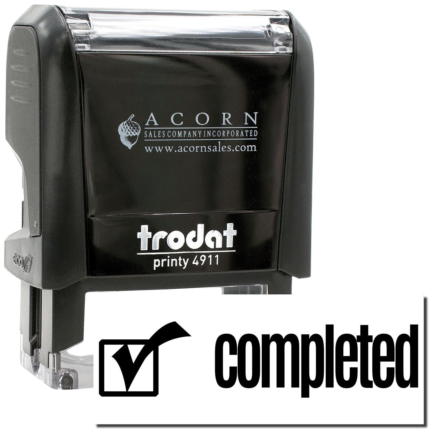 Black Trodat Printy 4911 self-inking rubber stamp with completed checkmark icon, branded Acorn Sales.