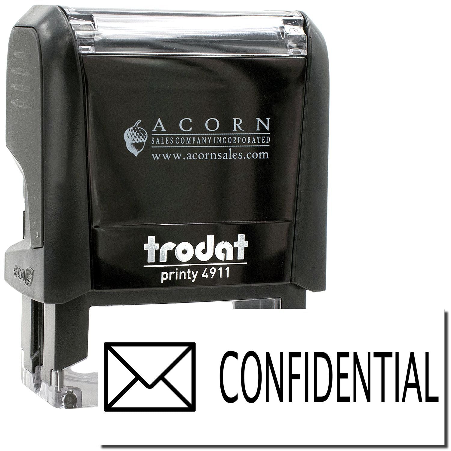 Black Trodat Printy 4911 confidential self-inking stamp with envelope icon, office document security seal.
