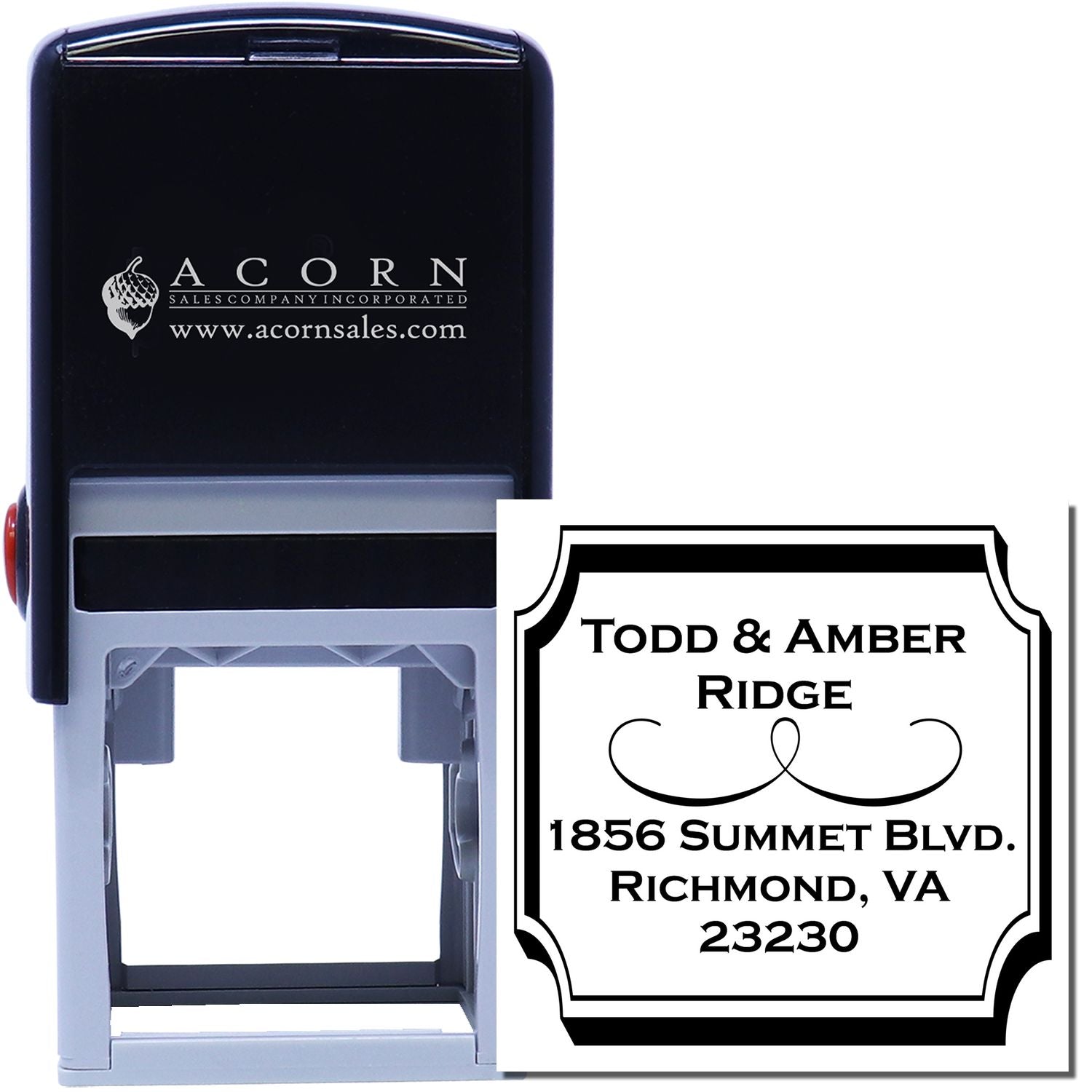 Custom self-inking address rubber stamp with decorative border for Todd & Amber Ridge, Richmond, VA 23230.