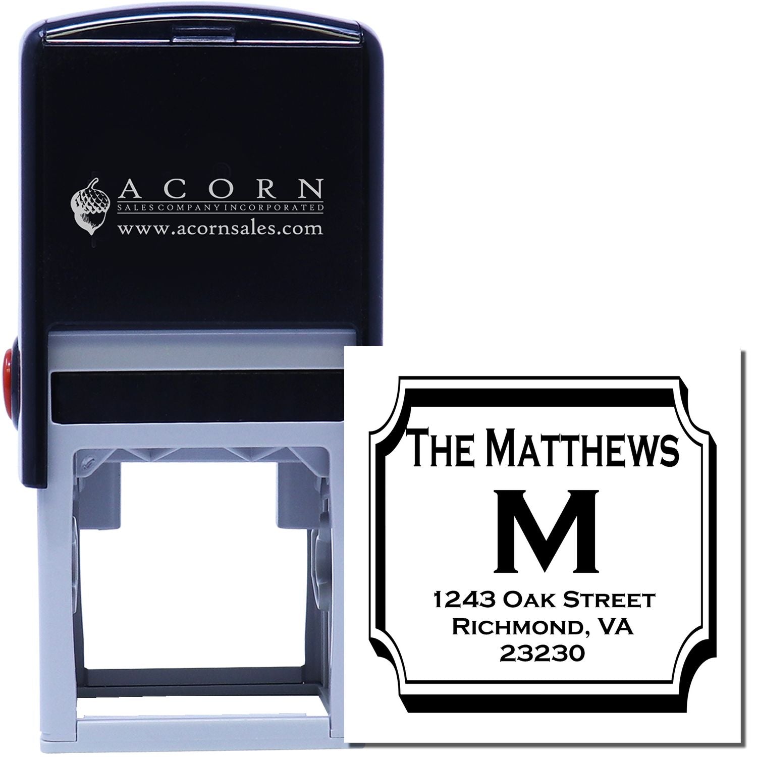 Custom self-inking rubber stamp with monogram, name, and address for personalized business or return mailing use