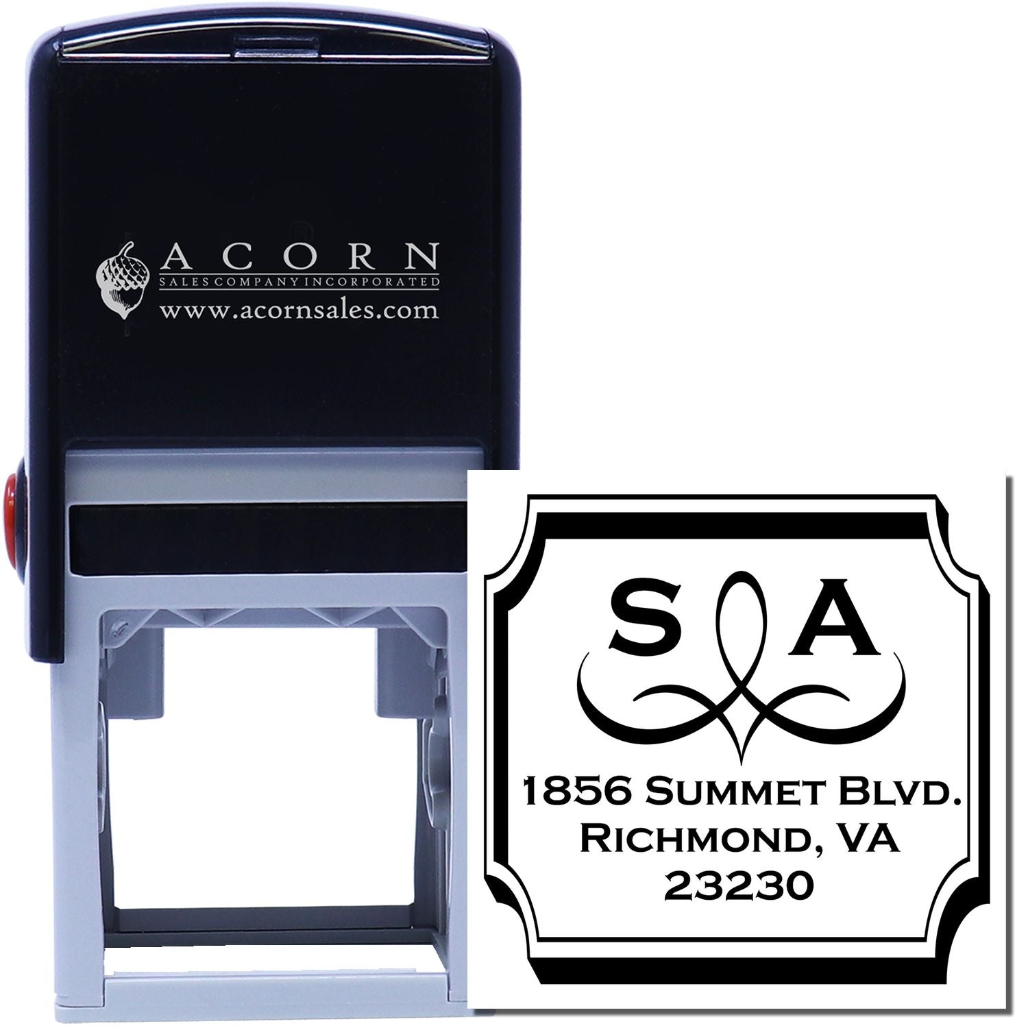 Custom self-inking address rubber stamp with monogram and Richmond, VA 23230 mailing address for business use