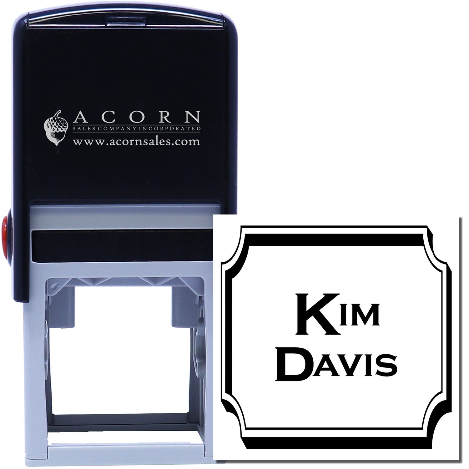 Custom self-inking rubber stamp with decorative border, showing Kim Davis imprint for business or office use.