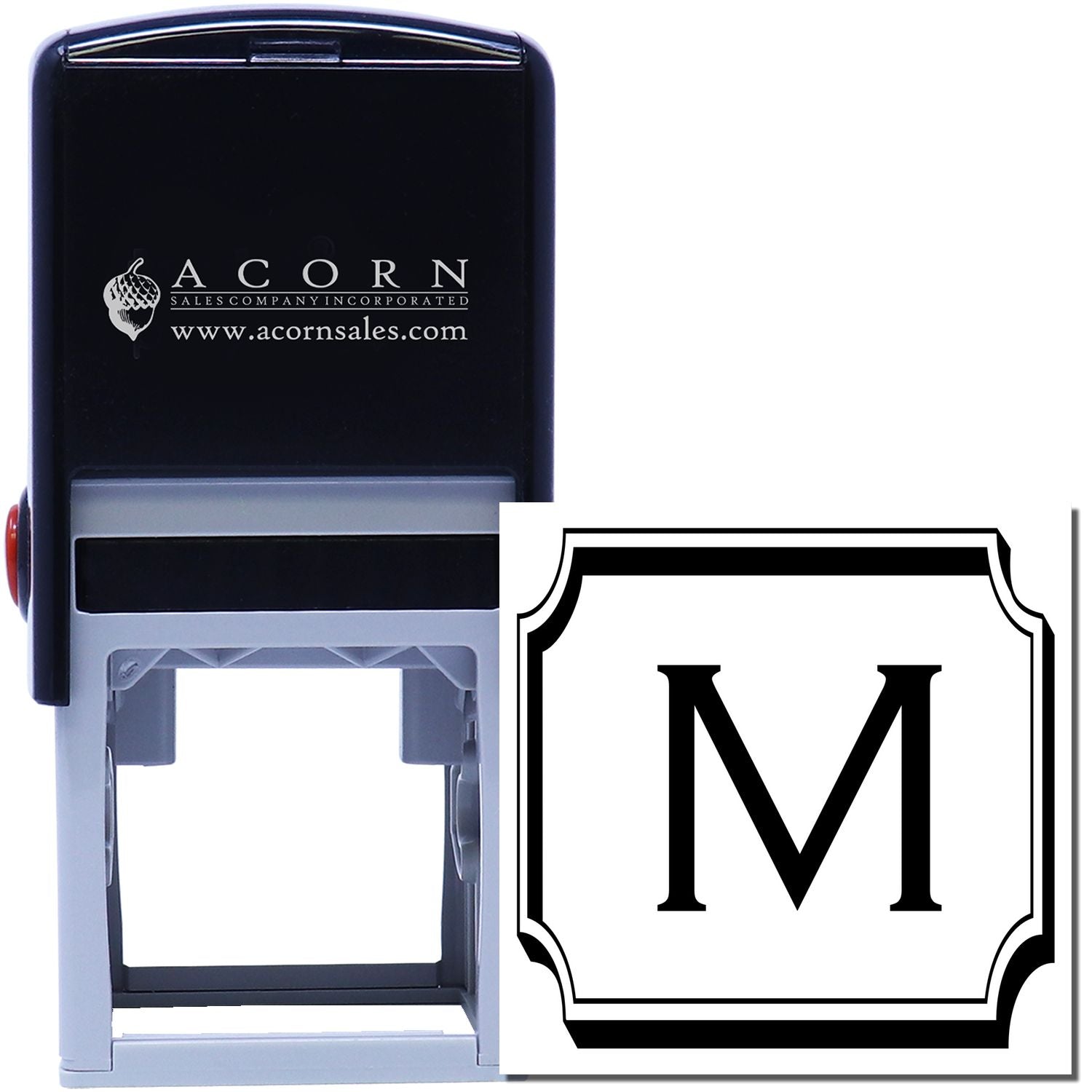 Custom self-inking rubber stamp with decorative monogram M for personalized business, address, or stationery use.