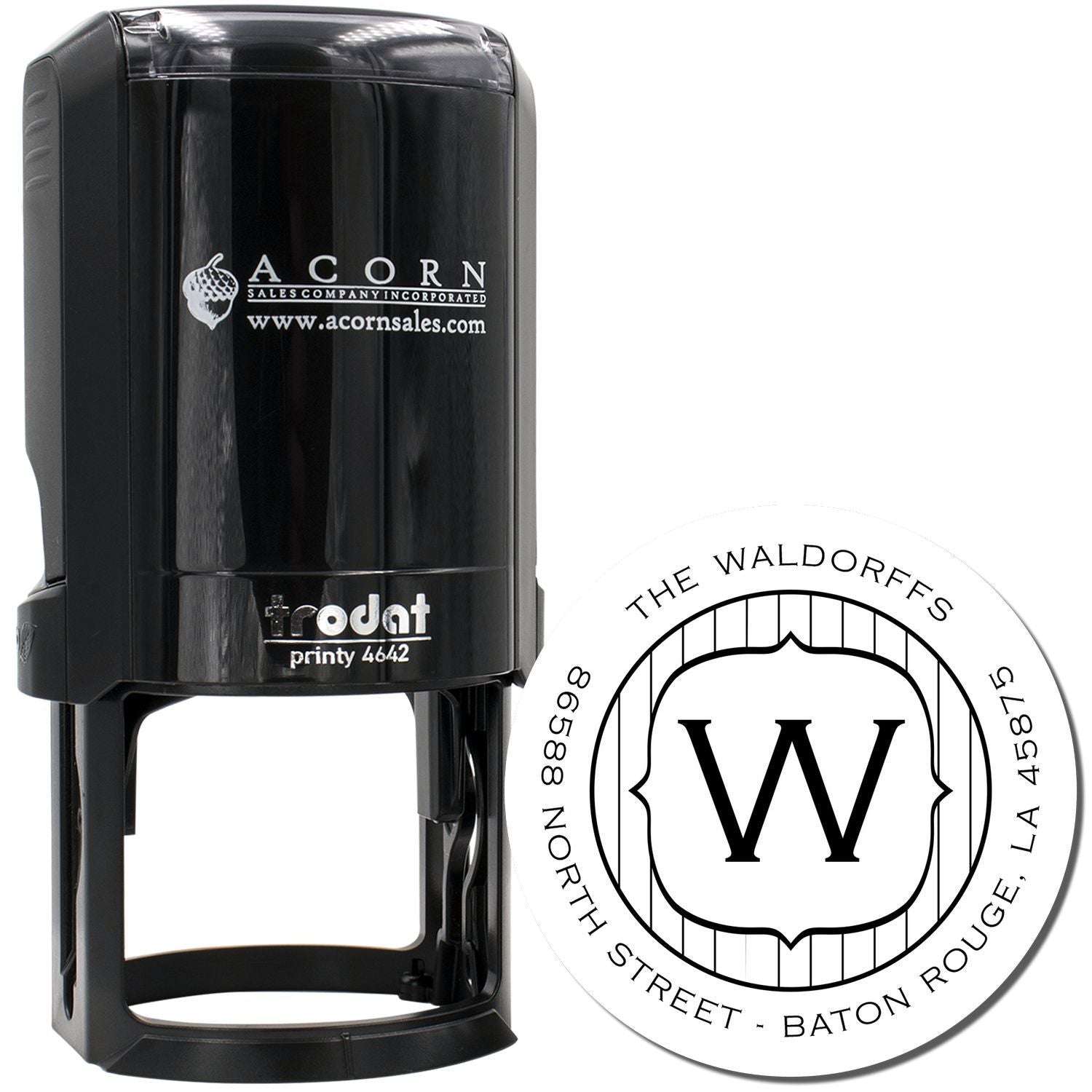 Custom self-inking rubber stamp with monogram return address design for personalized business mail and branding.