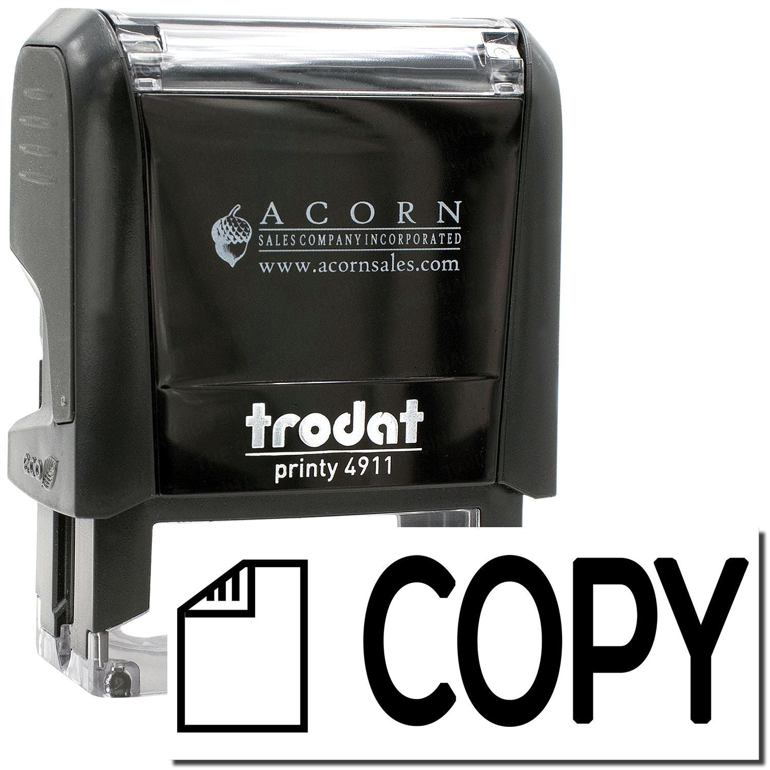 Trodat Printy 4911 self-inking COPY stamp, black office rubber stamp with clear copy imprint.