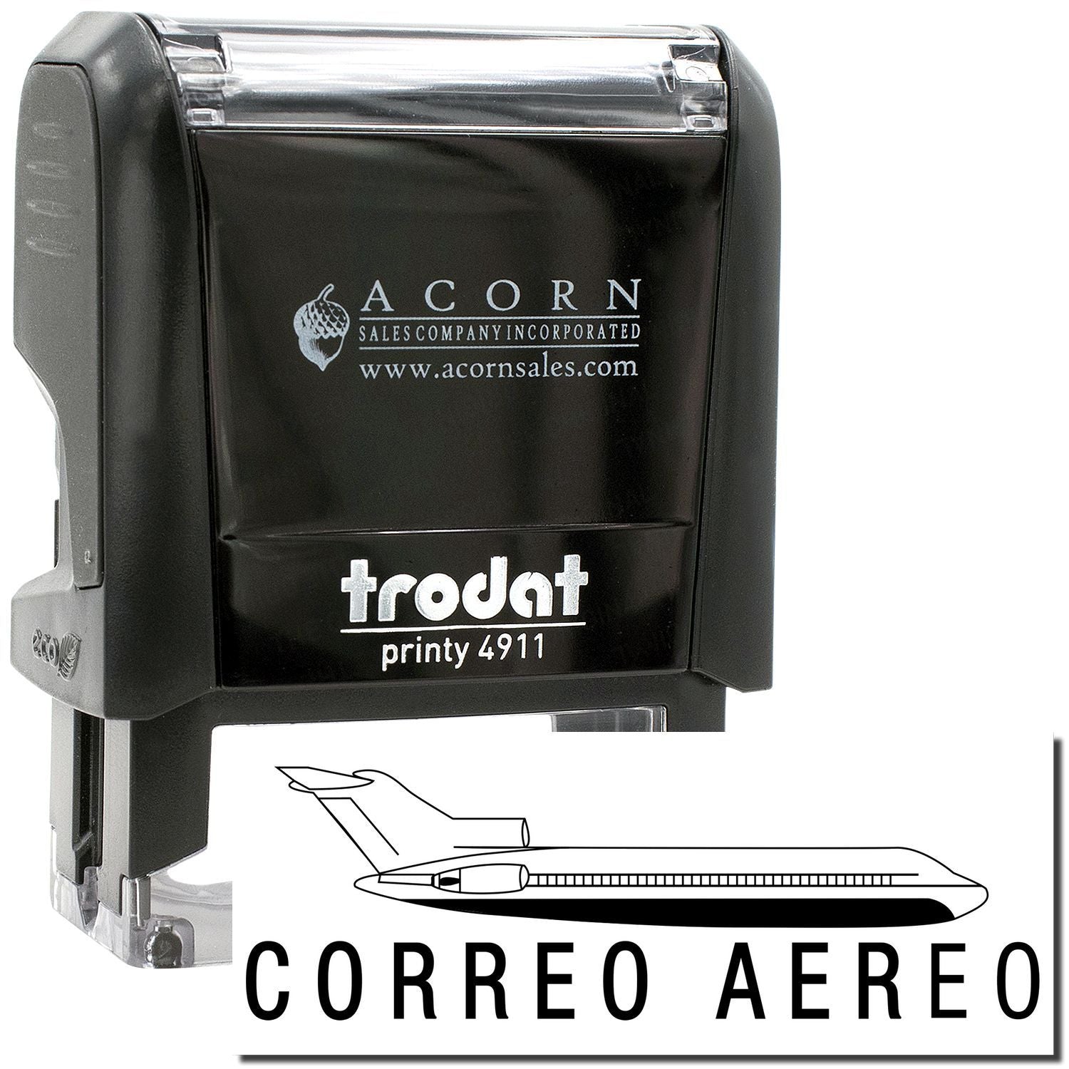 Trodat Printy 4911 self-inking stamp with Correo Areo and Acorn Sales logo