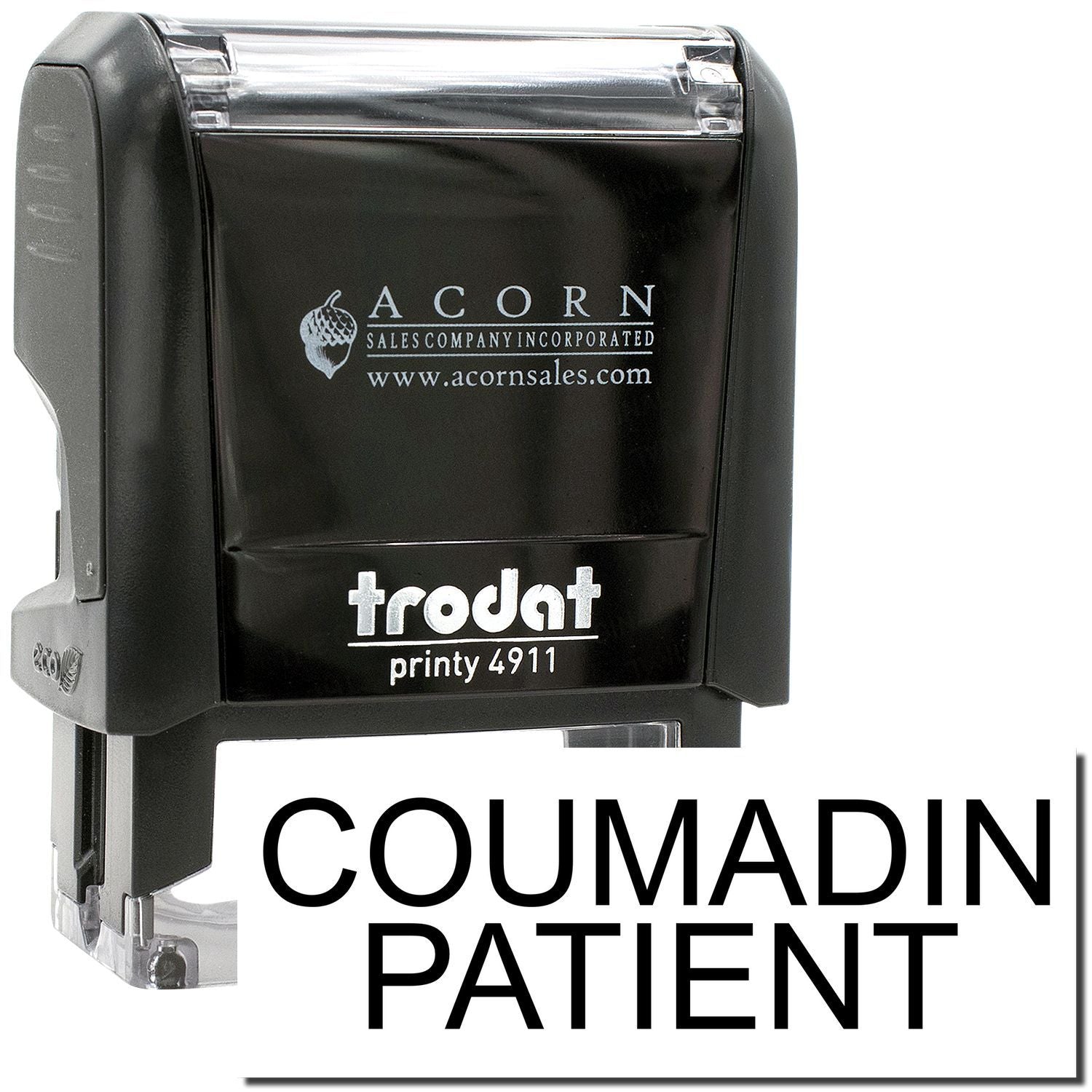 Black Trodat Printy 4911 self-inking stamp with COUMADIN PATIENT text, by Acorn Sales Company.