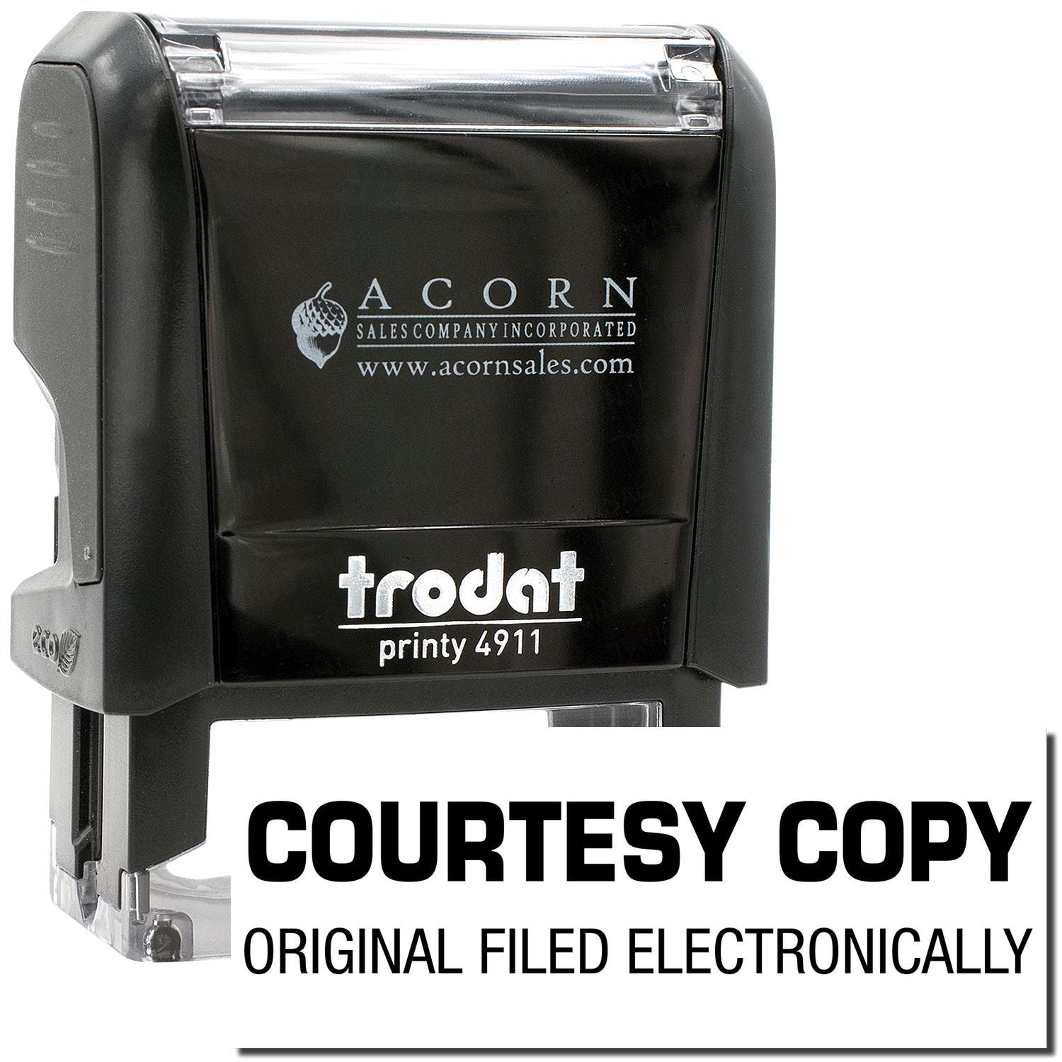 Trodat Printy 4911 self-inking stamp with Courtesy Copy Original Filed Electronically text and Acorn Sales branding.