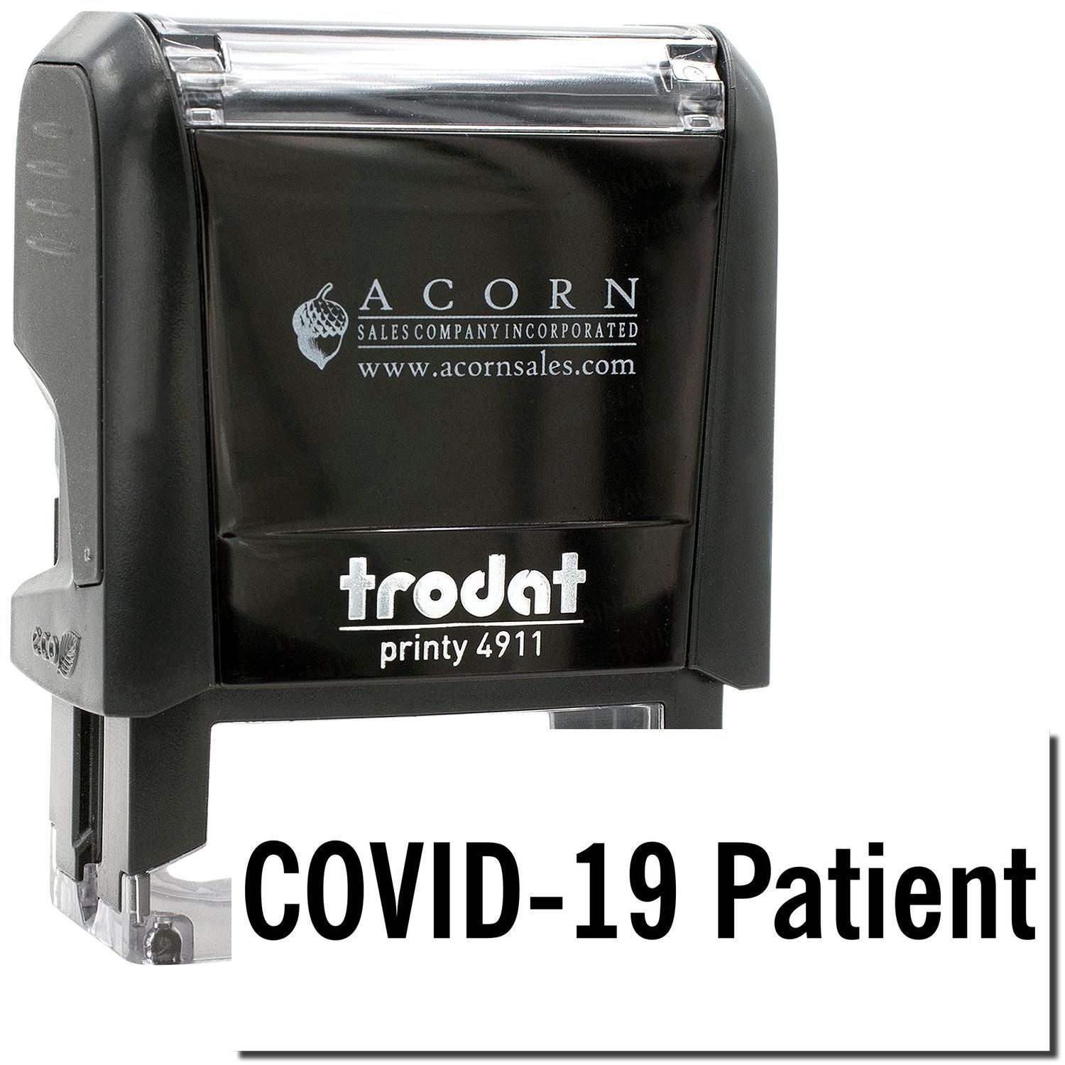 Black Trodat Printy 4911 self-inking rubber stamp for COVID-19 patient marking, branded Acorn Sales Company.