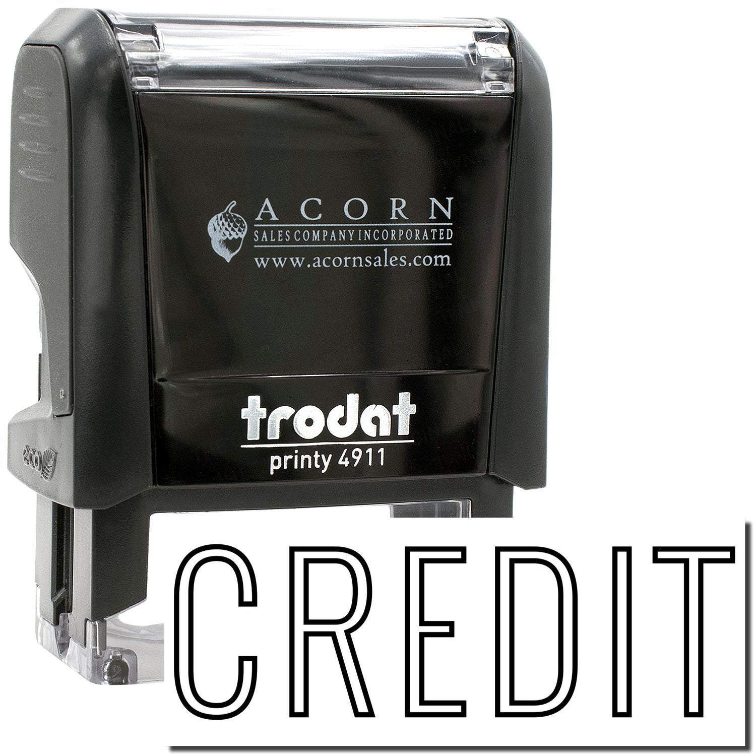 Trodat Printy 4911 self-inking credit stamp by Acorn Sales, black custom office rubber stamp.