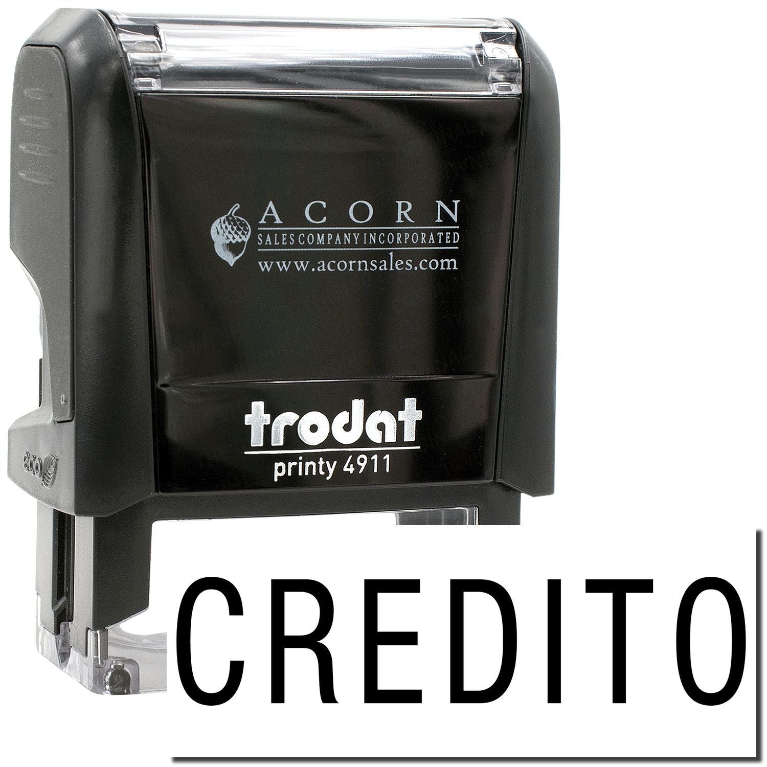 Black Trodat Printy 4911 self-inking rubber stamp by Acorn Sales Company on white background