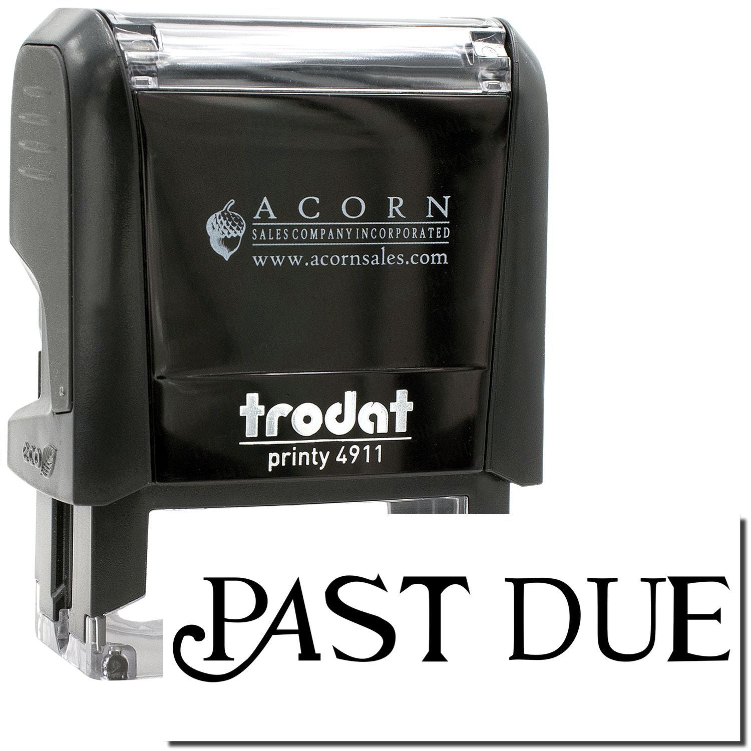 Trodat Printy 4911 self-inking Past Due stamp with Acorn Sales branding, black office date stamp.