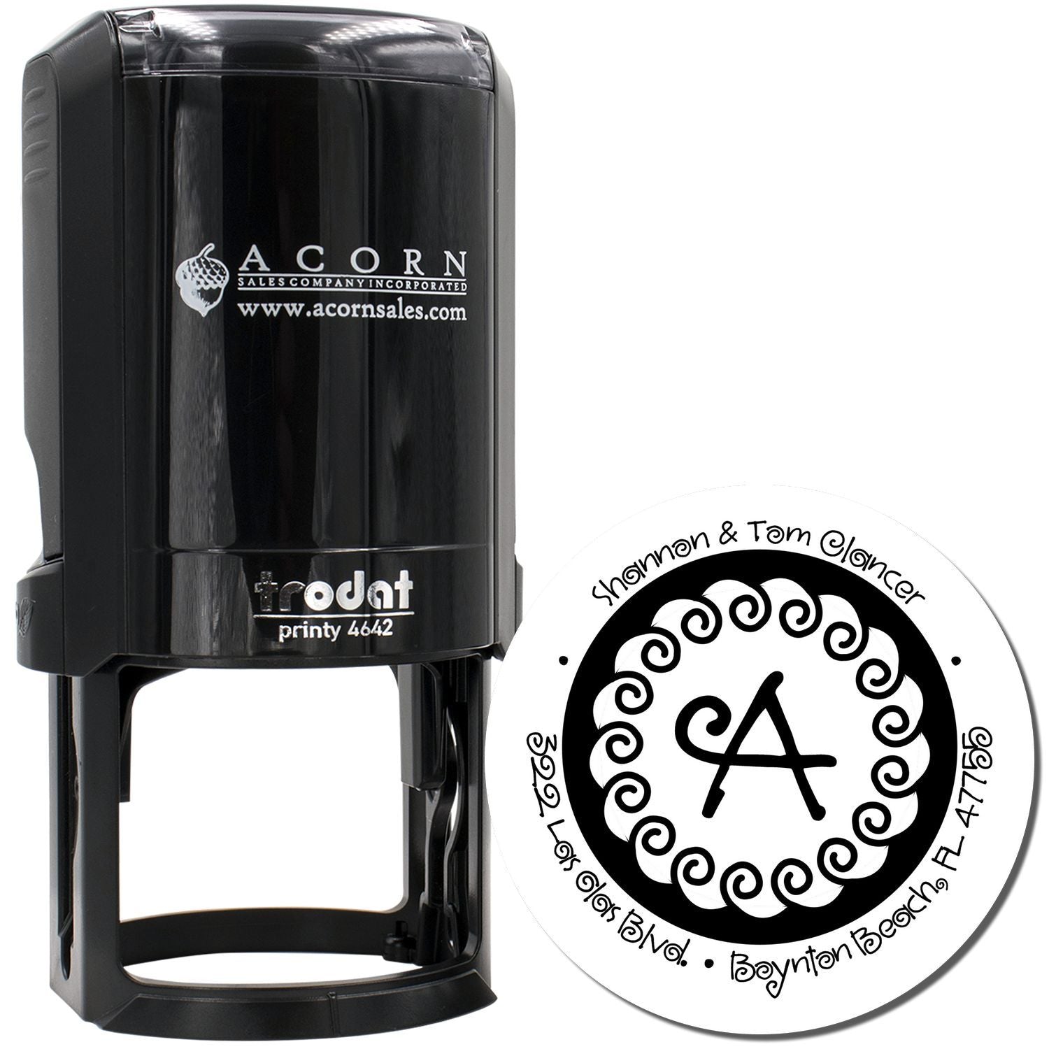 Trodat Printy 4642 self-inking rubber stamp with custom monogram address imprint for personalized rubber stamp use