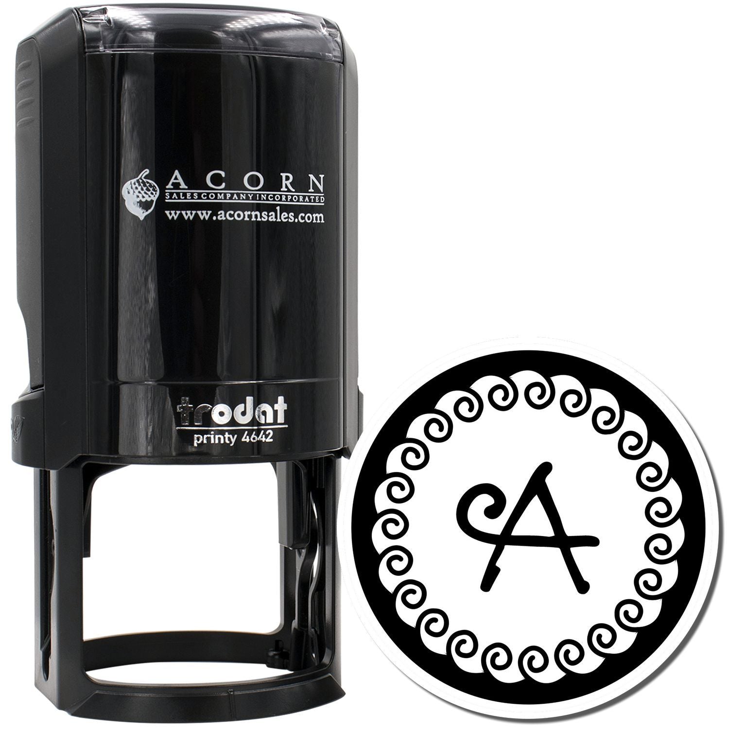Trodat self-inking rubber stamp with custom round monogram design, ideal for personalized business and logo stamping