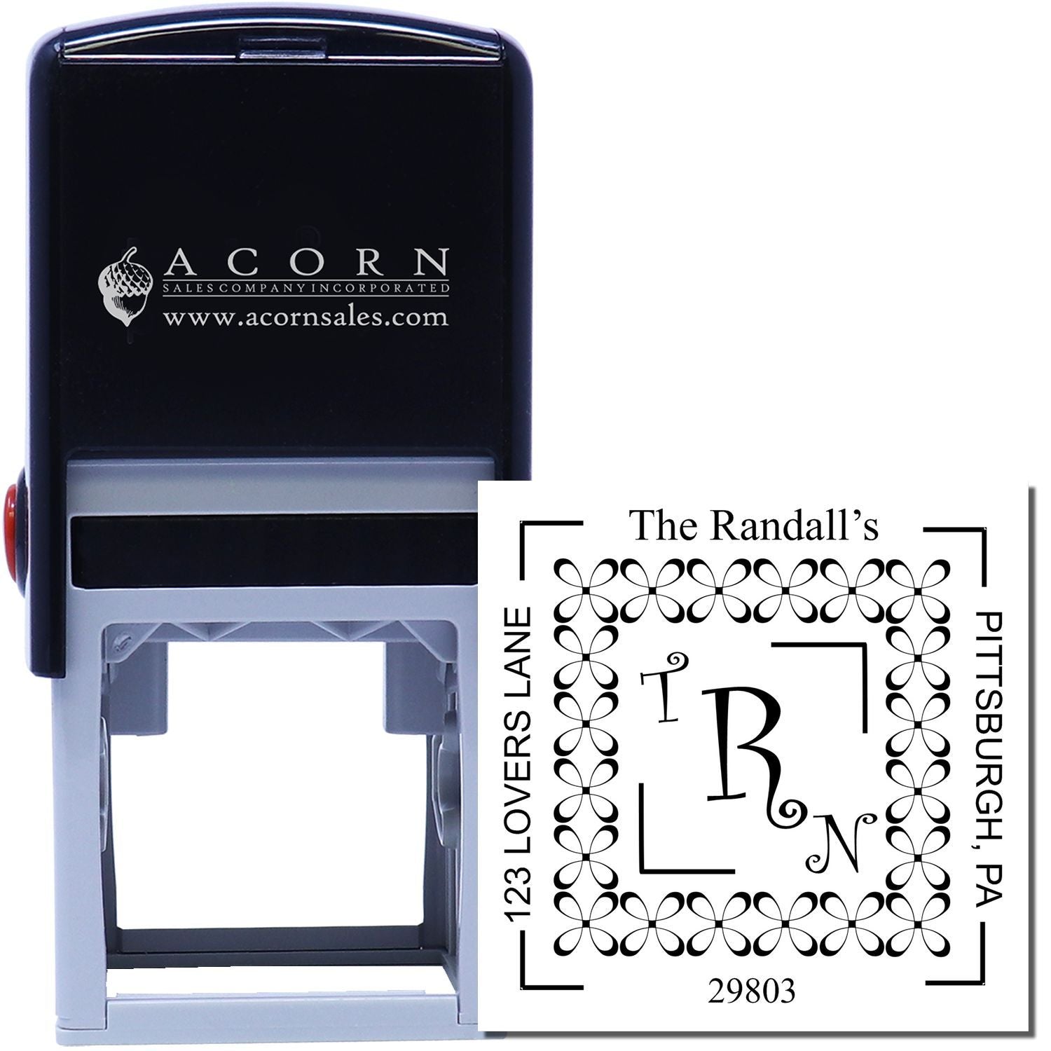 Custom self-inking rubber stamp with personalized return address and monogram design for The Randalls, Pittsburgh, PA.