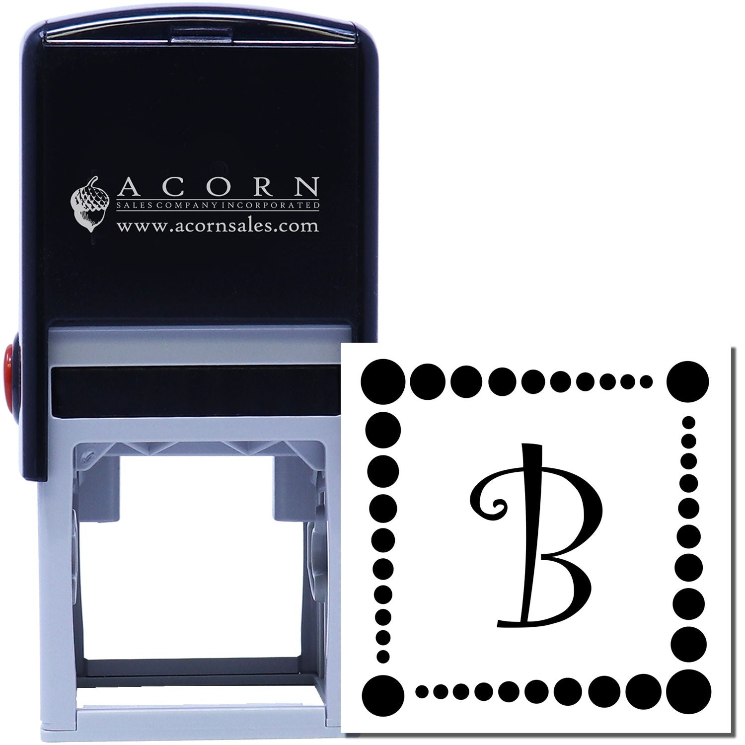 Custom self-inking rubber stamp with decorative monogram B and dotted border, ideal for personalized business branding.