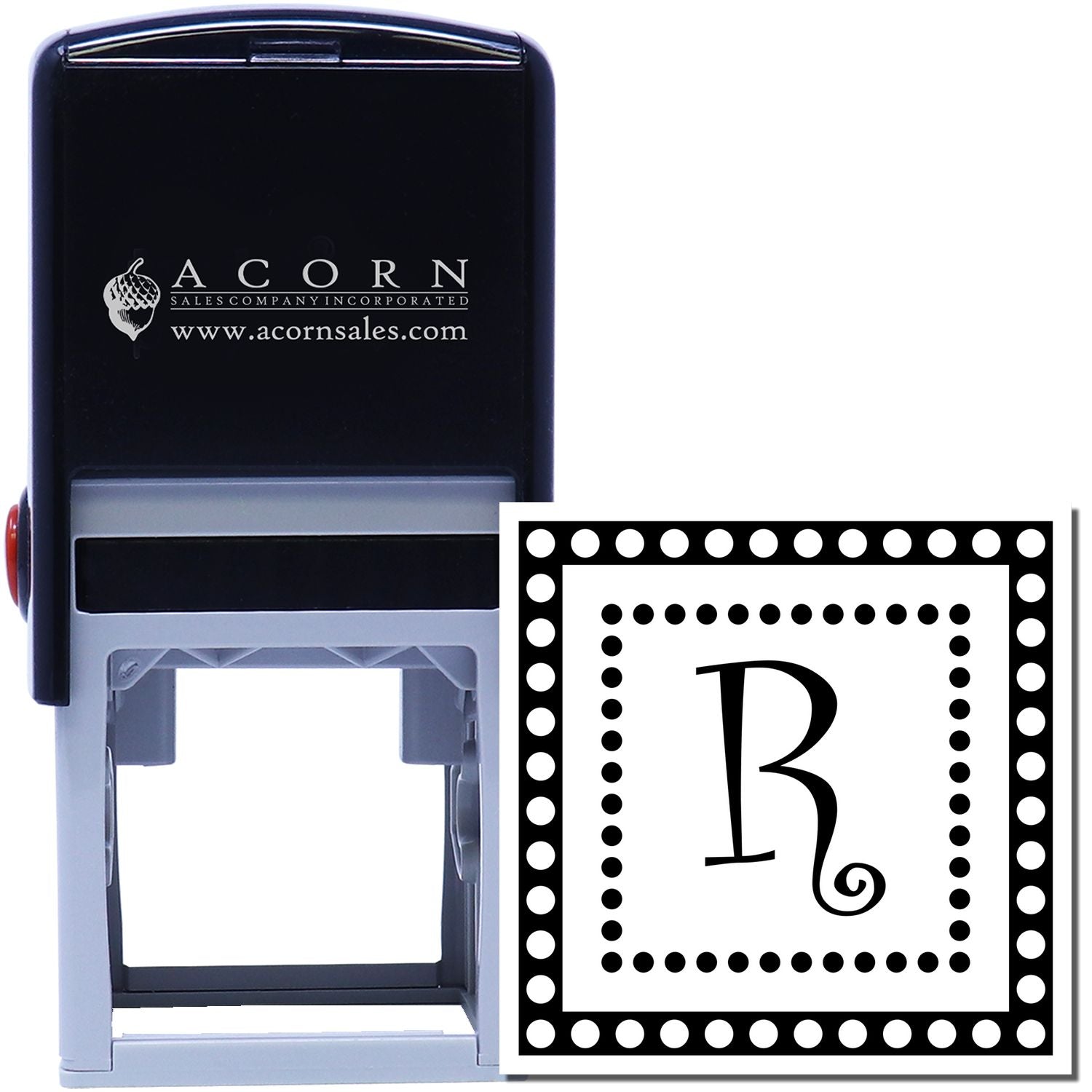 Custom self-inking rubber stamp with decorative letter R monogram imprint for business branding and personalized stationery.