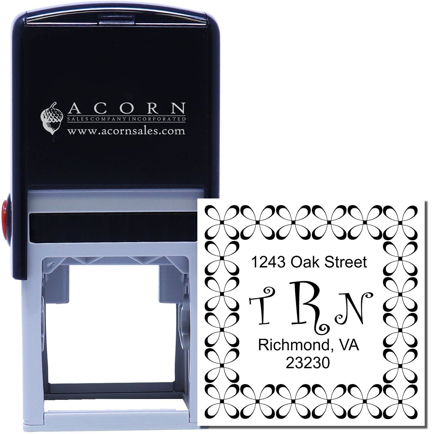 Custom self-inking address rubber stamp with monogram and decorative border for personalized mailing.