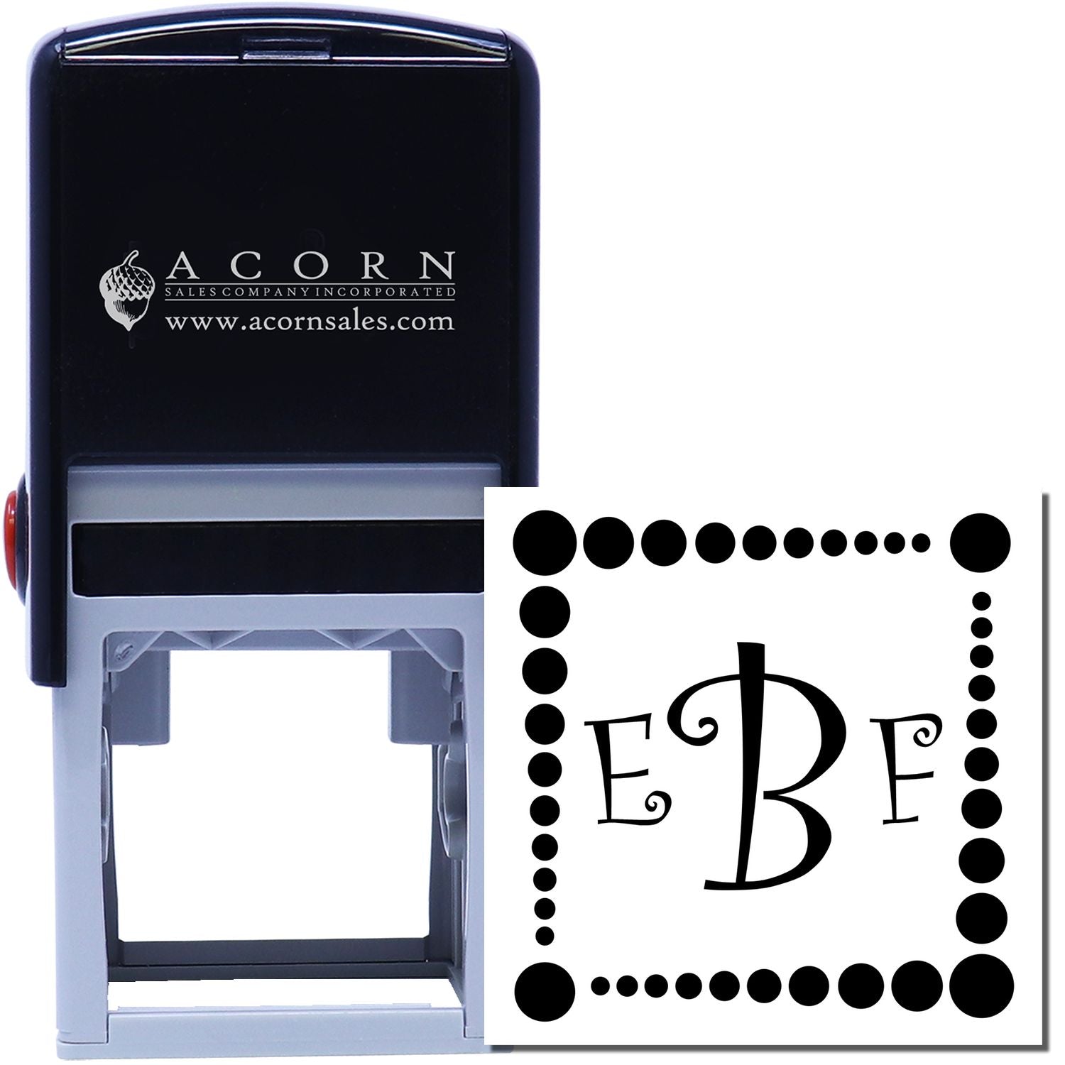 Custom self-inking rubber stamp with monogram and dotted border for personalized business branding or return address use.