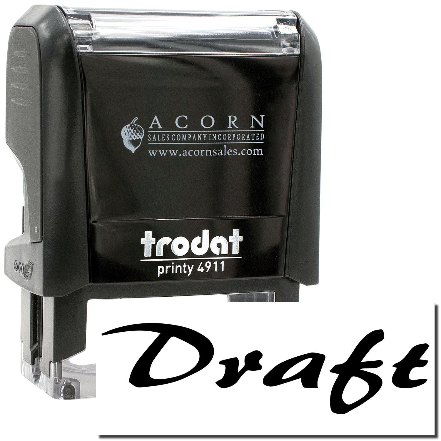 Black Trodat Printy 4911 self-inking stamp with Draft imprint and Acorn Sales logo for office use
