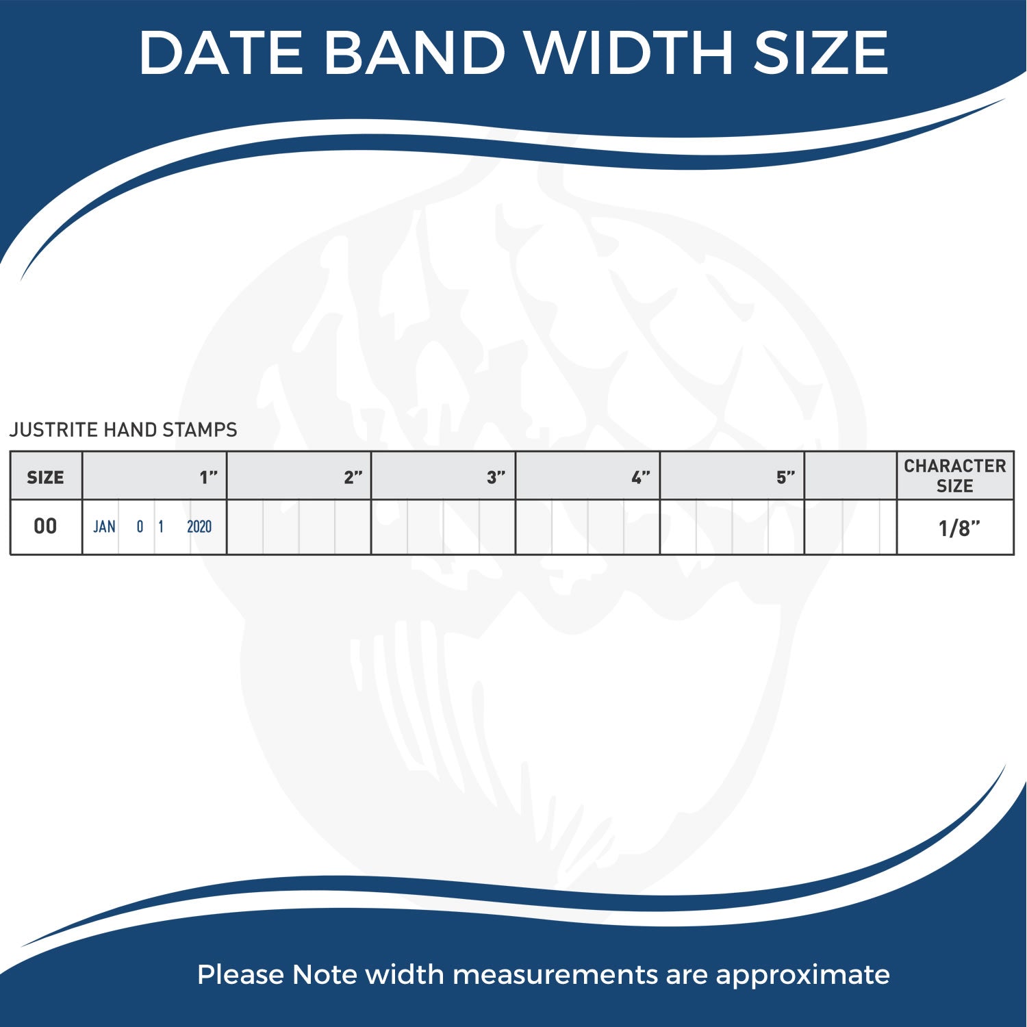 Date band width size chart for Justrite hand stamps, showing size 00 and character size 1/8 inch with approximate width measurements.