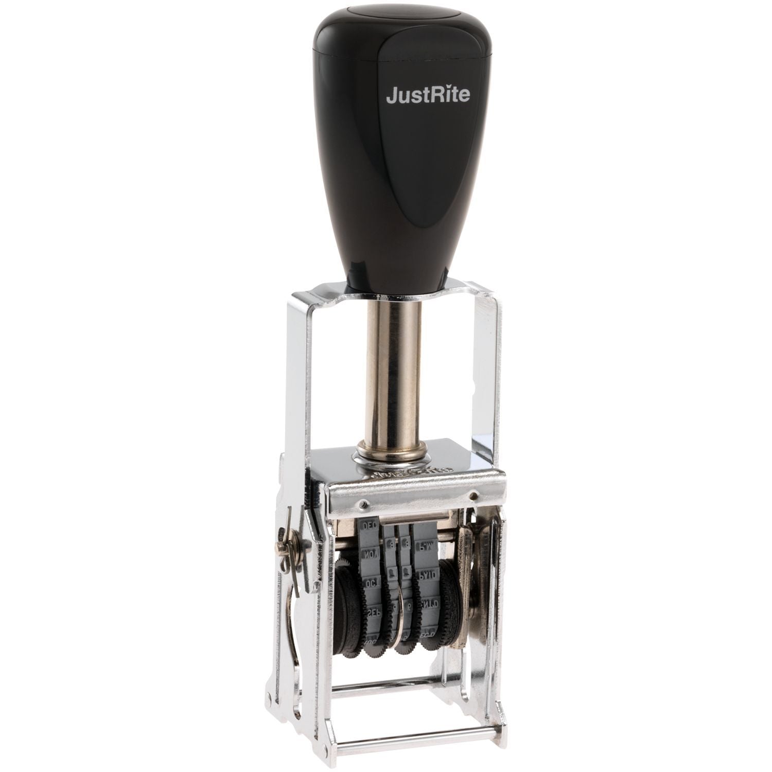 JustRite self-inking date stamp with metal frame and adjustable number wheels, black handle stamp for office use