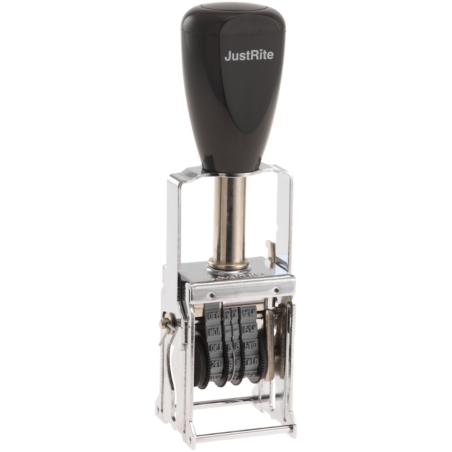 JustRite adjustable date stamp with black handle and metal frame on white background.