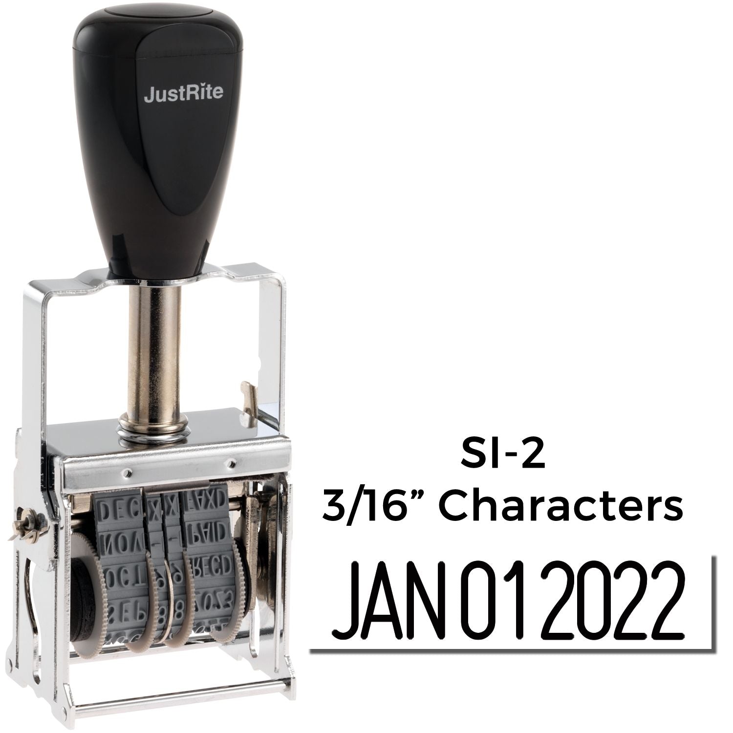 JustRite SI-2 self-inking date stamp with 3/16-inch characters, black handle, and JAN 01 2022 impression.