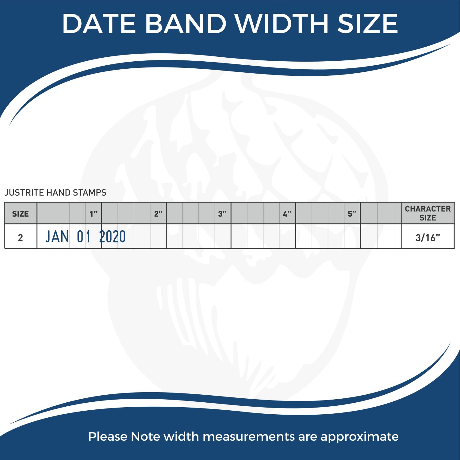 Date band width size chart for Justrite hand stamps showing JAN 01 2020 example and 3/16-inch character size measurements.