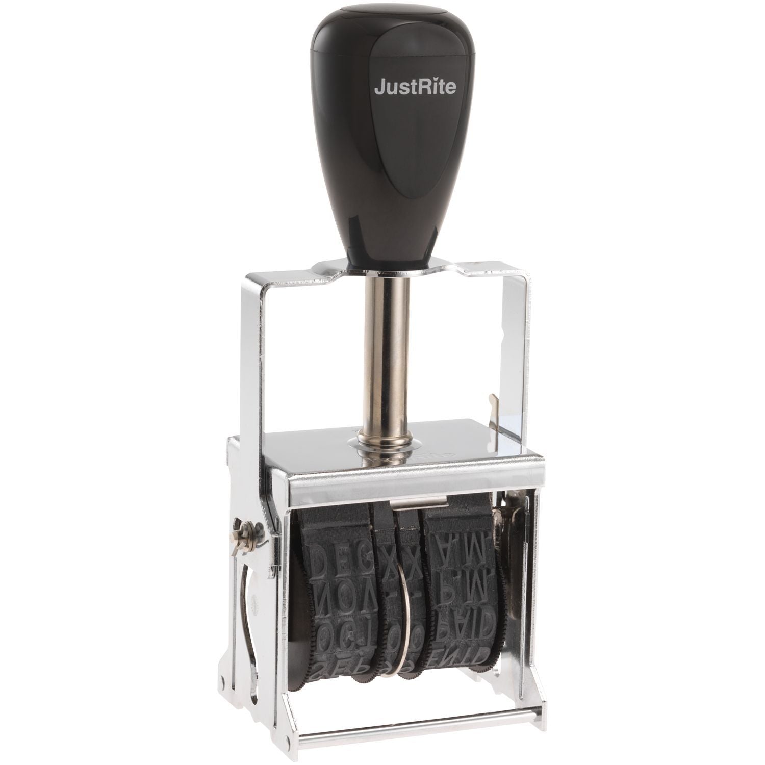JustRite self-inking rotary date stamp with metal frame and adjustable letter number bands on white background