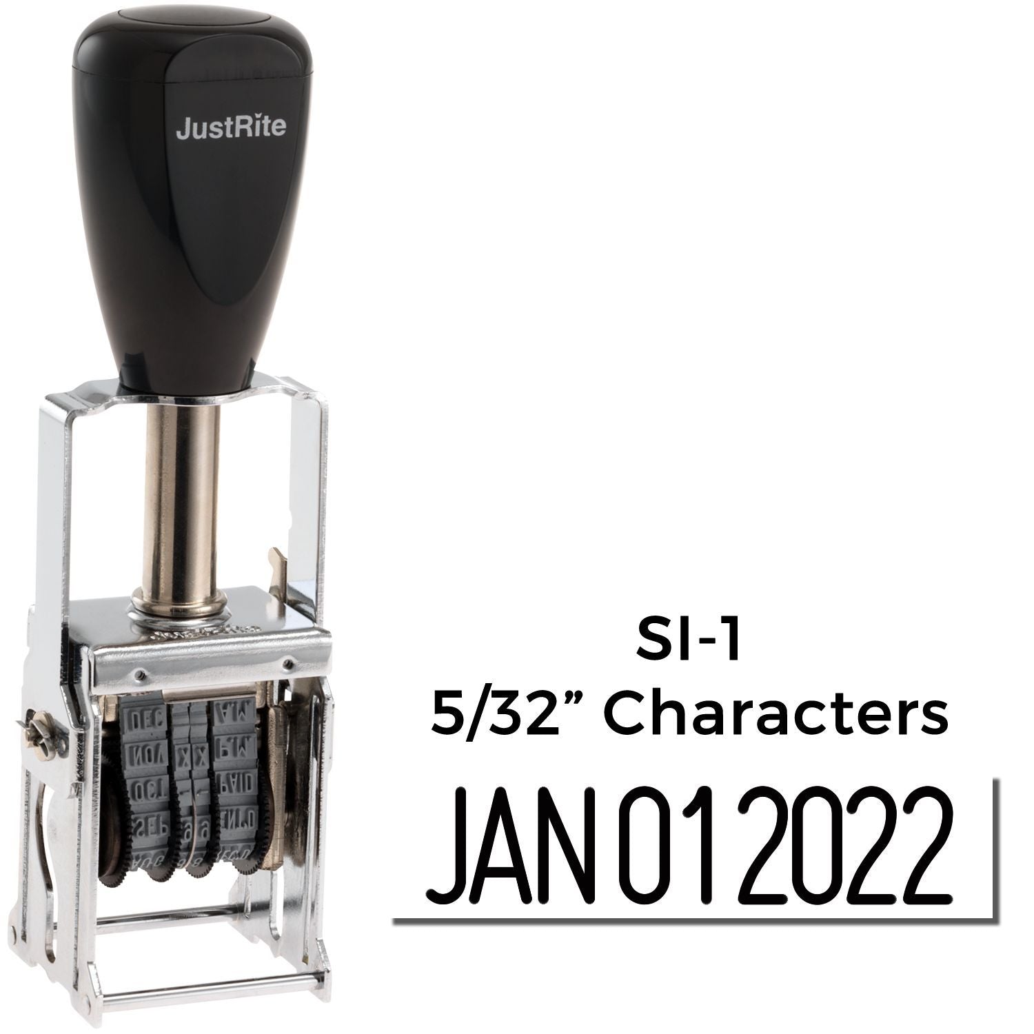JustRite SI-1 self-inking date stamp with 5/32-inch characters, showing JAN 012022.