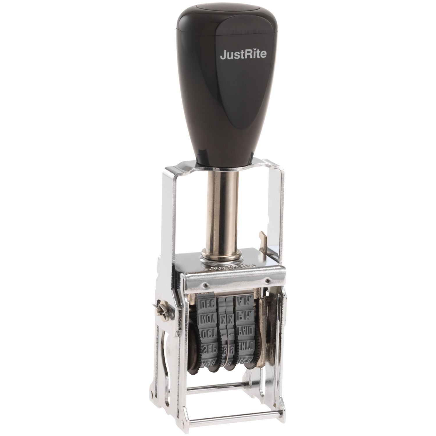 JustRite self-inking date stamp with rotating number bands and black handle on a metal frame.