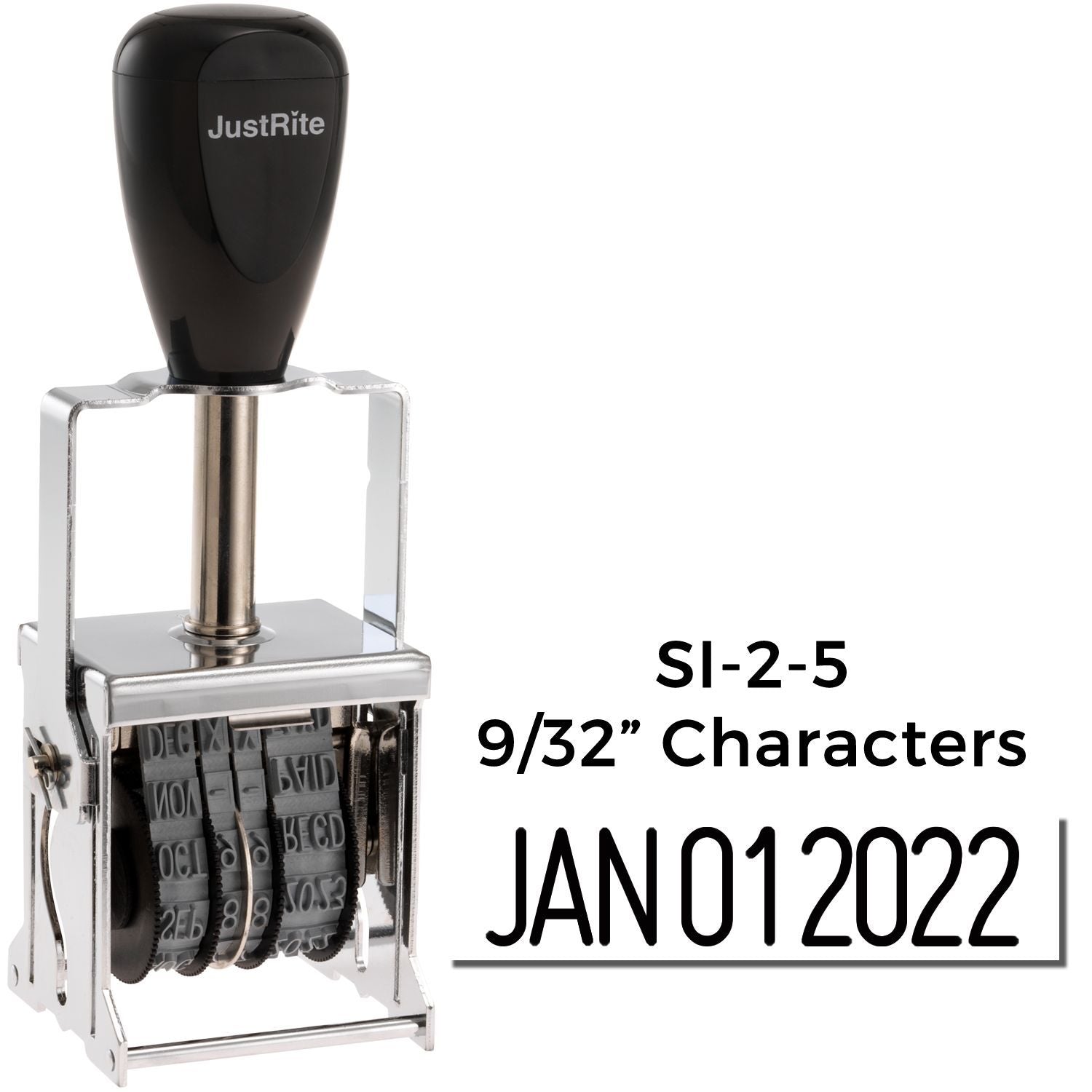 JustRite self-inking date stamp with 9/32-inch characters, displaying JAN 01 2022, SI-2-5 model