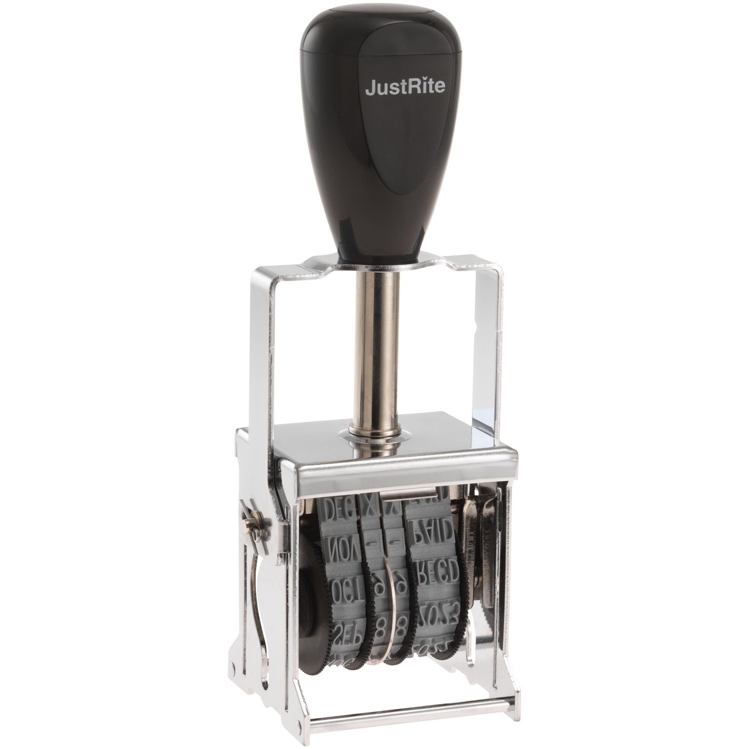 JustRite self-inking date stamp with adjustable numbering wheels and black handle on a metal frame